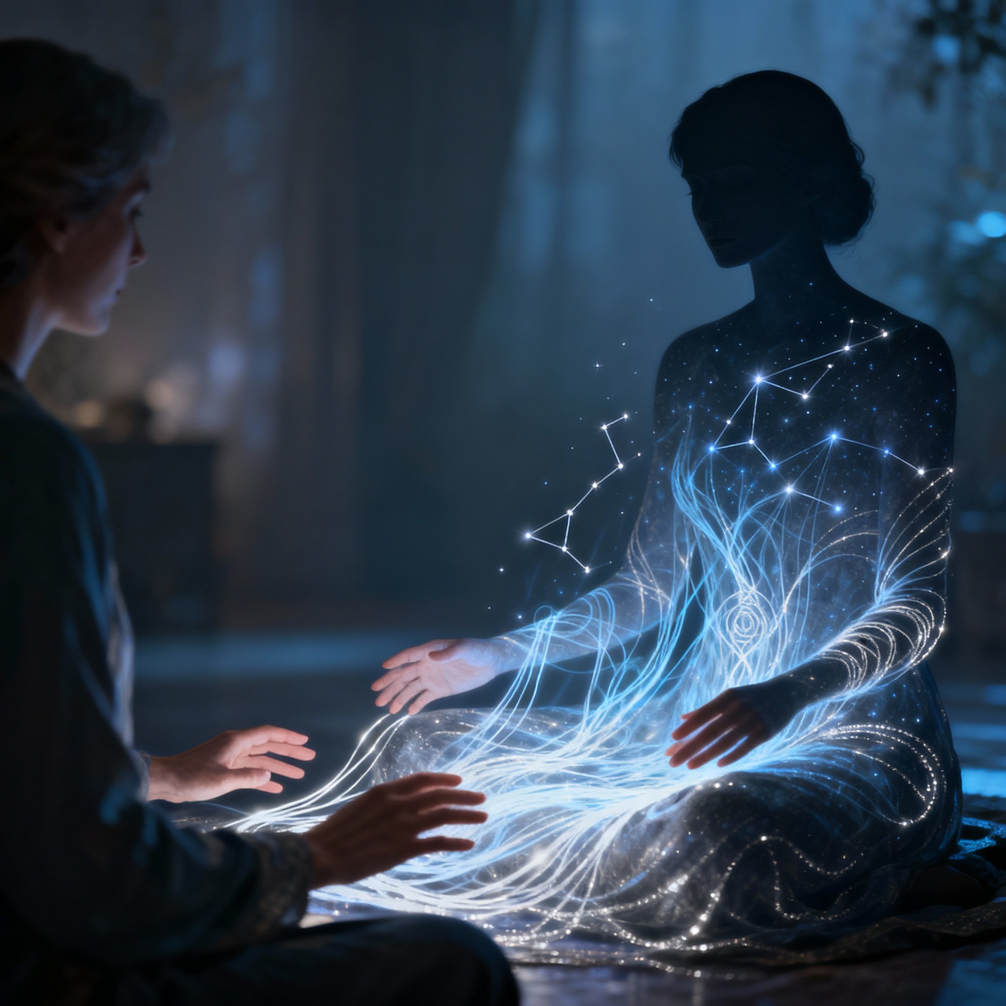 An abstract illustration depicting a psychic interpreting a client's energy. Glowing lines and astrological patterns emerge from a client's silhouette as the psychic's hands gently guide the flow, symbolizing insight and clarity.