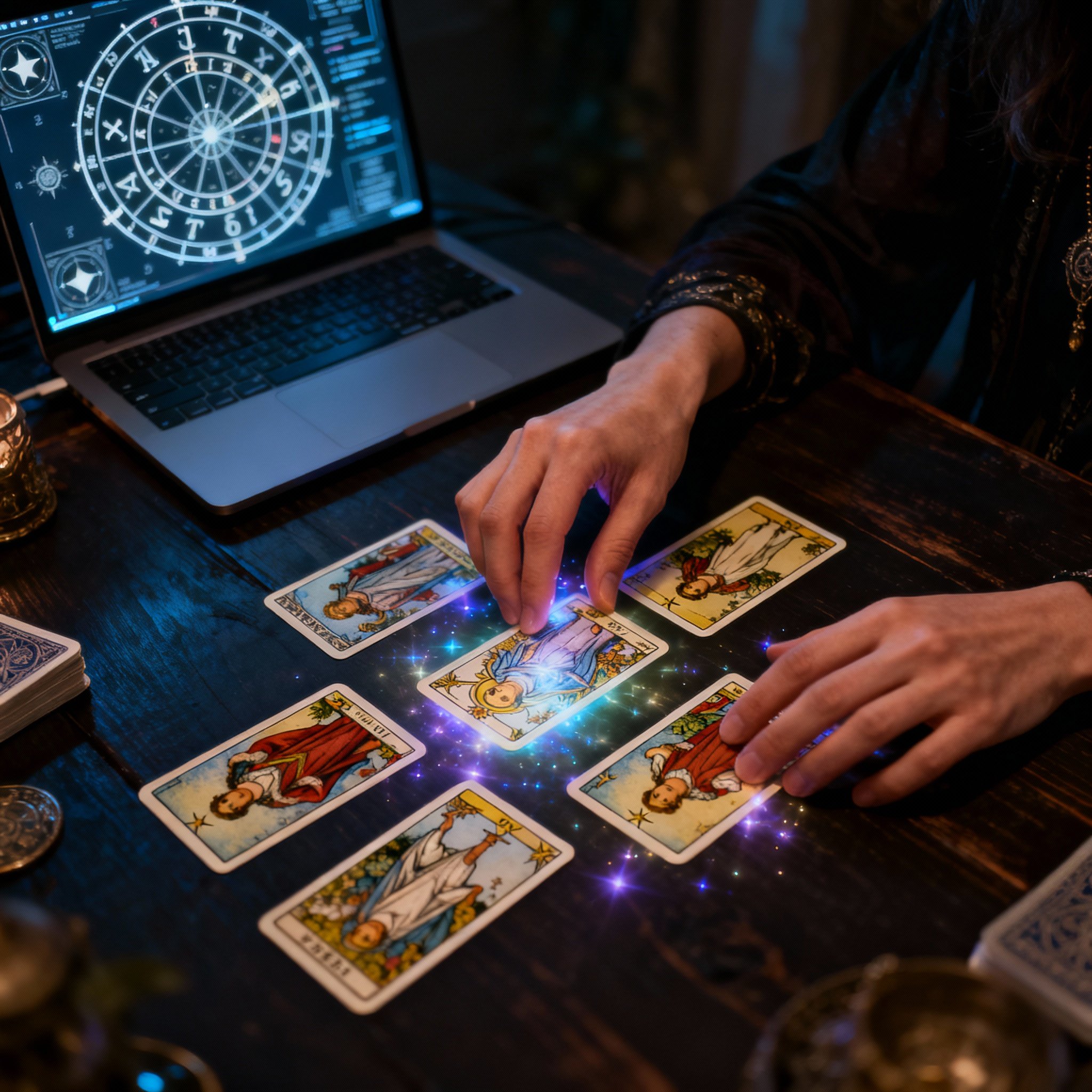 A pair of elegant hands laying out glowing tarot cards on a wooden table. In the background, a laptop screen with a blurred astrological birth chart is visible, symbolizing the blend of traditional and modern consultation.