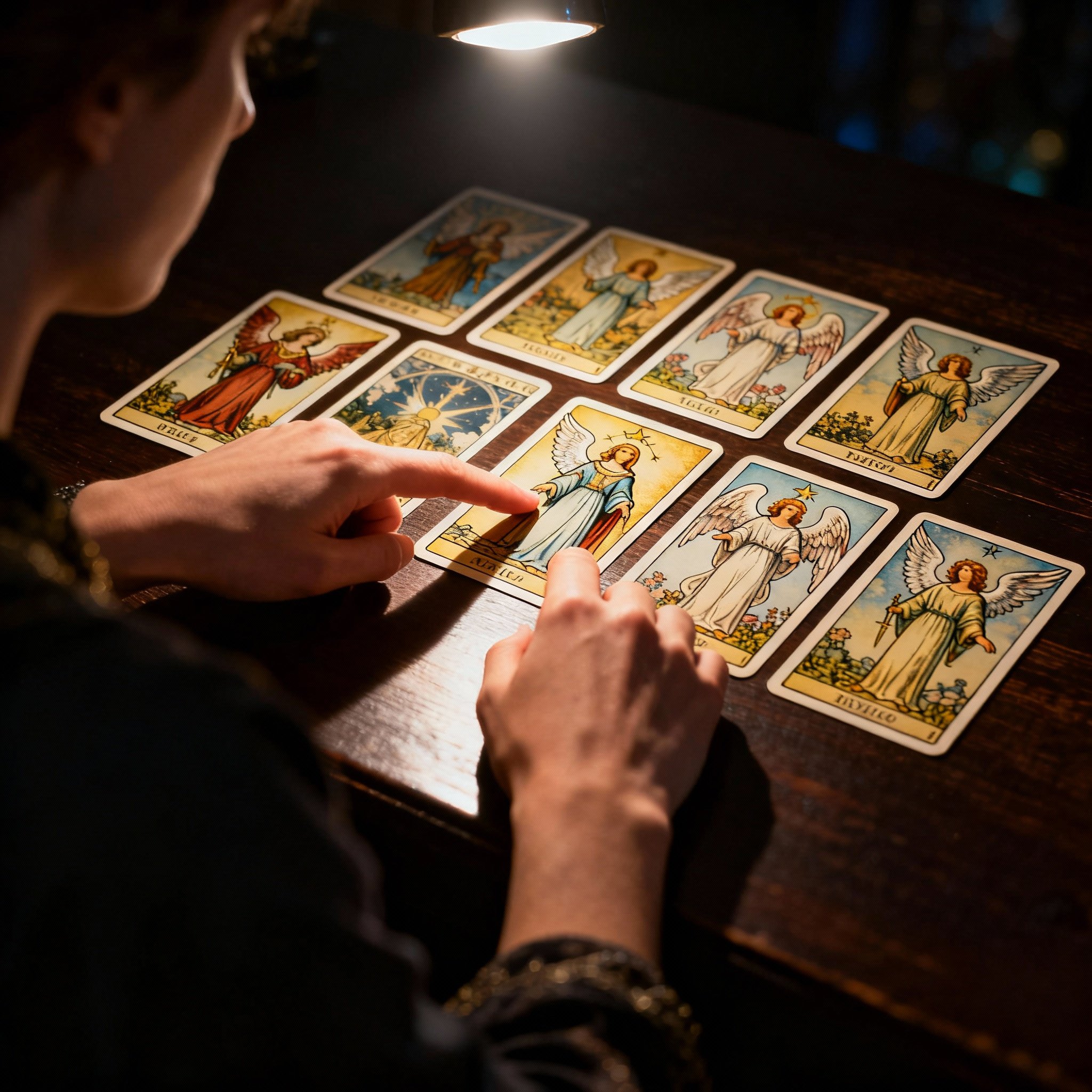 An over-the-shoulder view of a psychic's hands interpreting Tarot and Oracle cards on a wooden table. The light is focused on the cards, highlighting the detailed illustrations and the focus of the consultation.