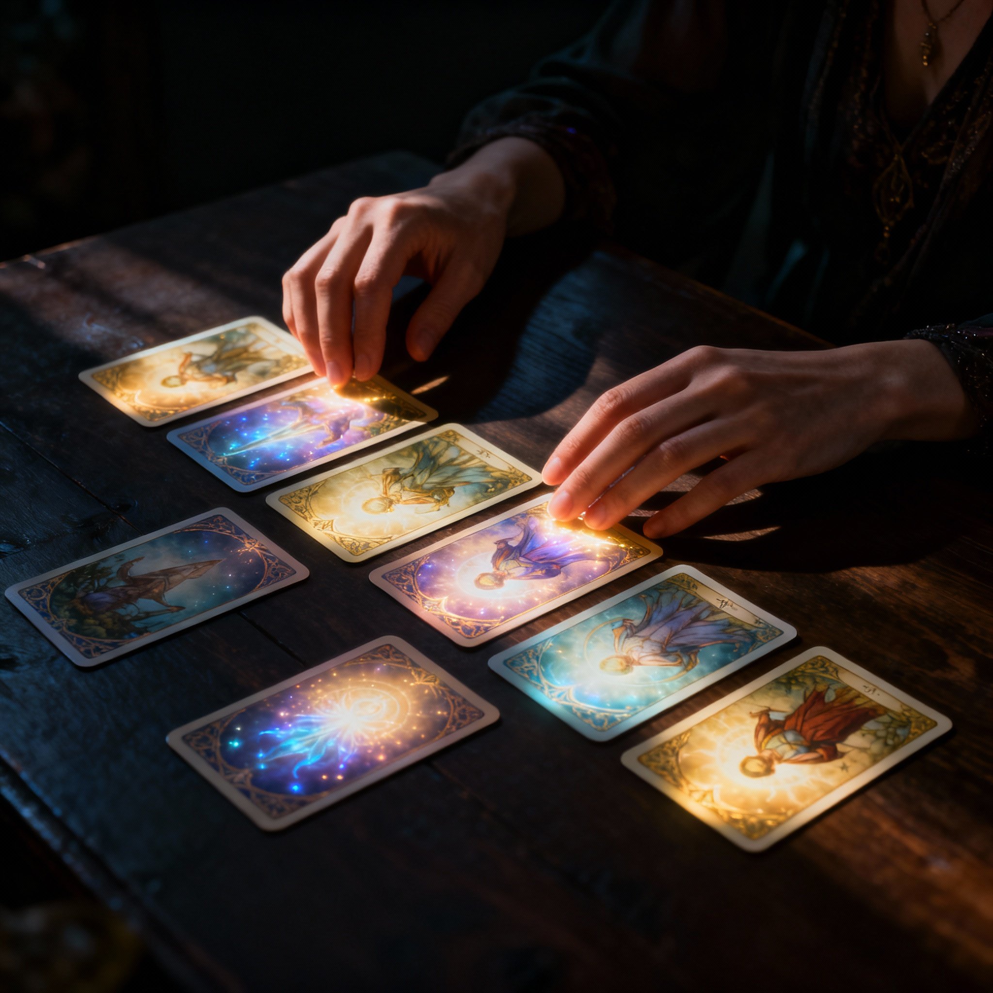 A pair of calm hands laying out oracle cards on a wooden table, with a soft beam of light illuminating the cards, symbolizing clear insight and spiritual guidance obtained through tools.