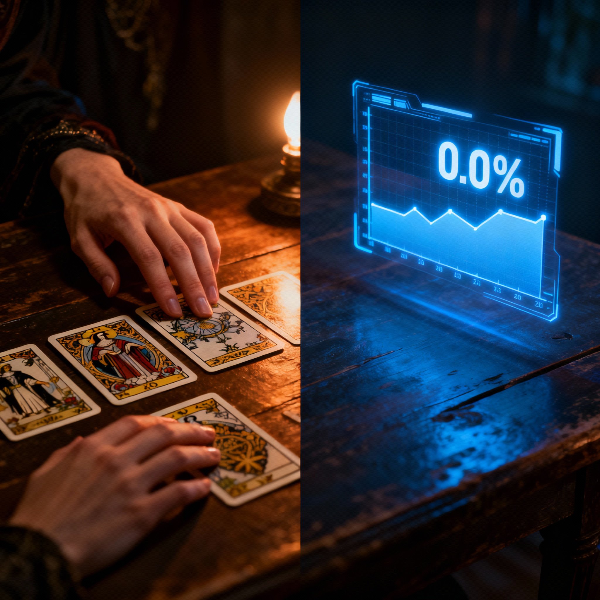 A conceptual art scene showing tarot cards laid out on a table on one side, and a floating digital chart showing a 0% client retention rate on the other, symbolizing the conflict between spiritual promises and cold data.