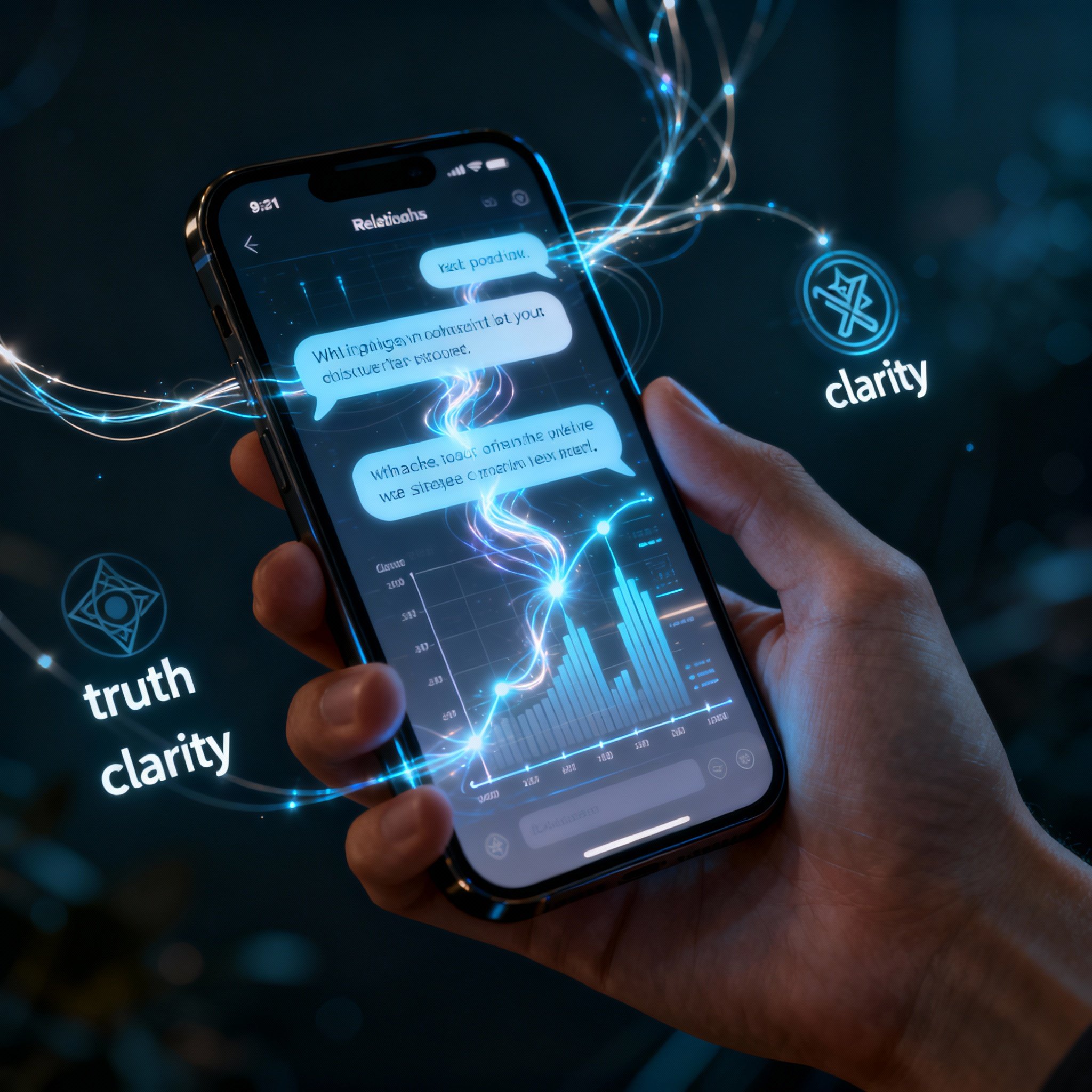 A conceptual image showing glowing data streams and timelines emerging from a smartphone's chat interface. This information reveals the truth of a complex relationship, symbolizing Viktoriia's ability to provide clear insights through direct communication.