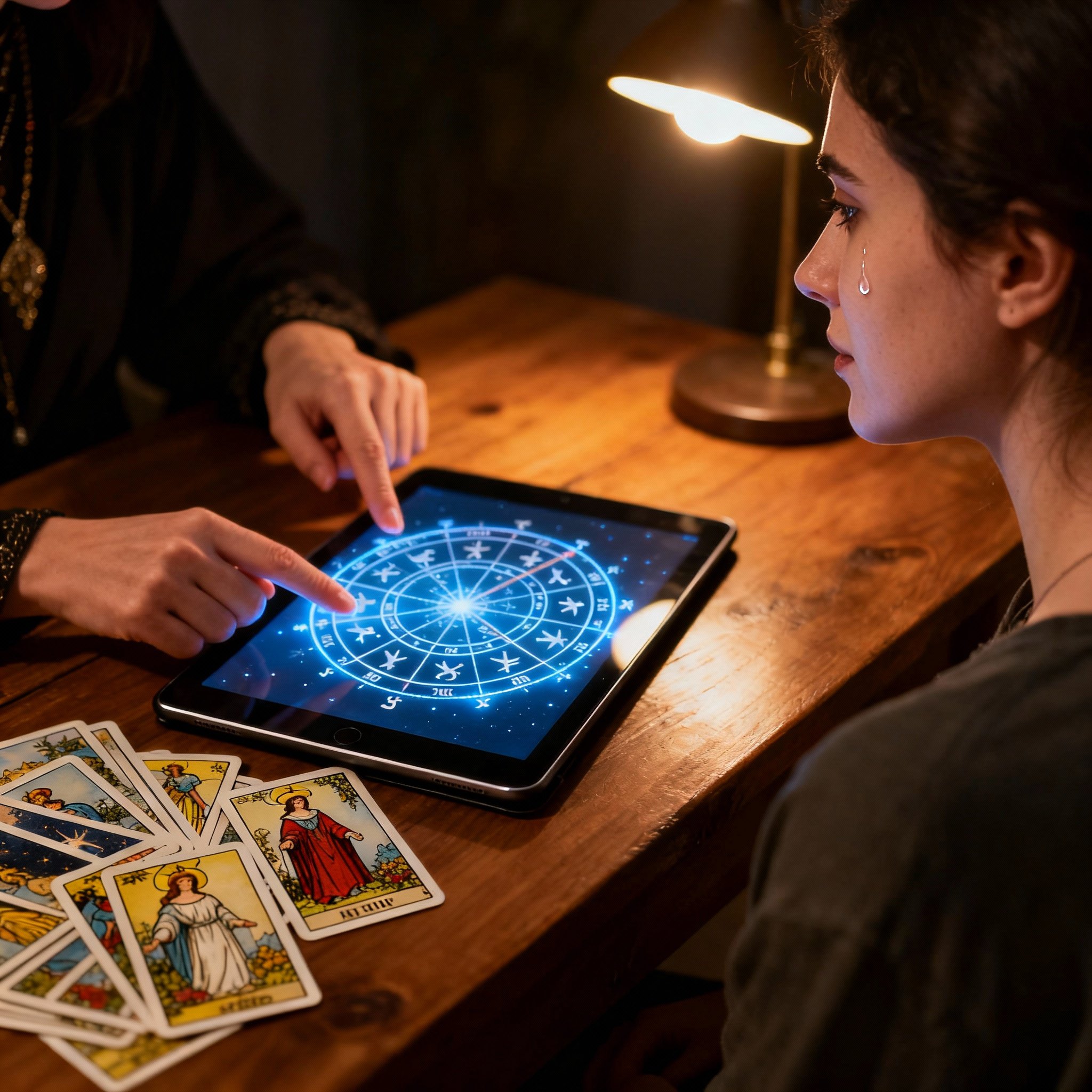 In a consultation scene, a psychic's hand points to a glowing birth chart on a tablet, with tarot cards spread on the table. The client's profile shows a look of sudden realization, with a tear of relief in their eye.