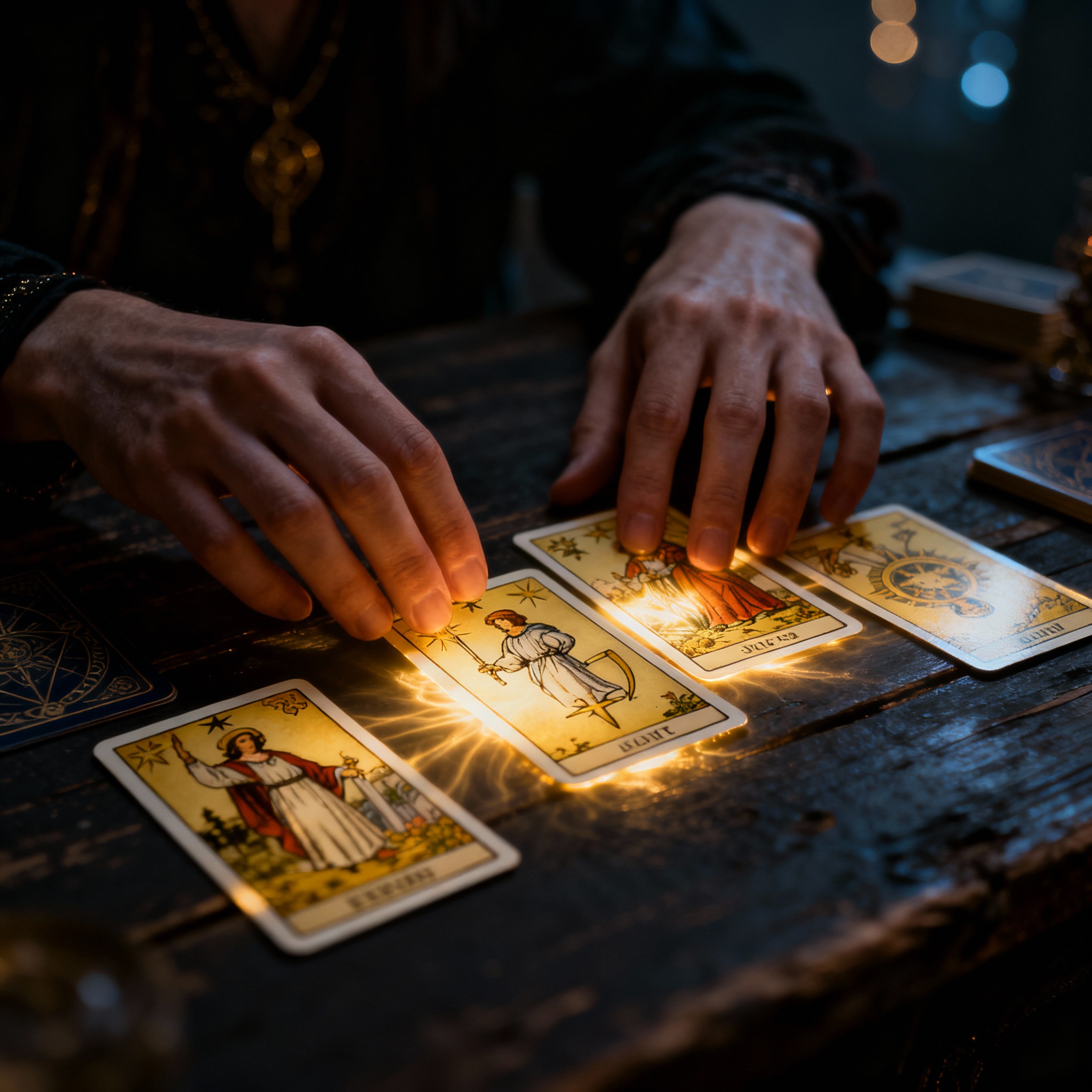 A close-up shot of a psychic's hands interpreting glowing tarot cards on a dark wooden table, with mystical light emanating from the cards, symbolizing insight and energy healing.