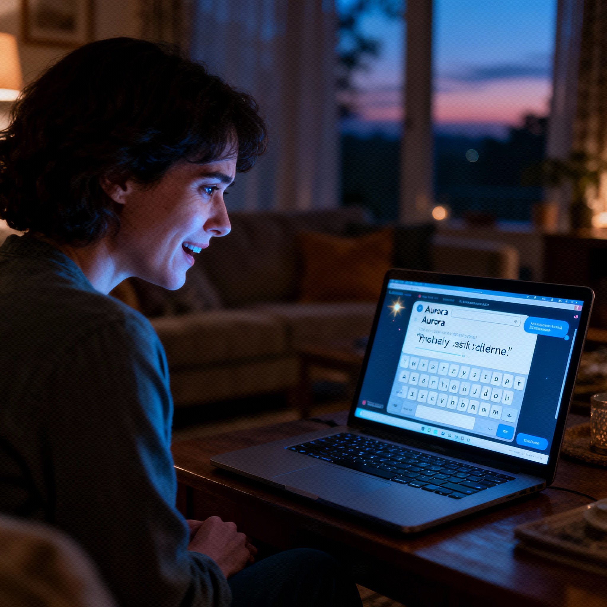 An over-the-shoulder shot of a client looking at a laptop screen, engaged in an online chat with psychic Aurora. The client's face shows an expression of relief and epiphany, as the screen displays a fast-moving conversation, symbolizing an efficient and profound reading experience.