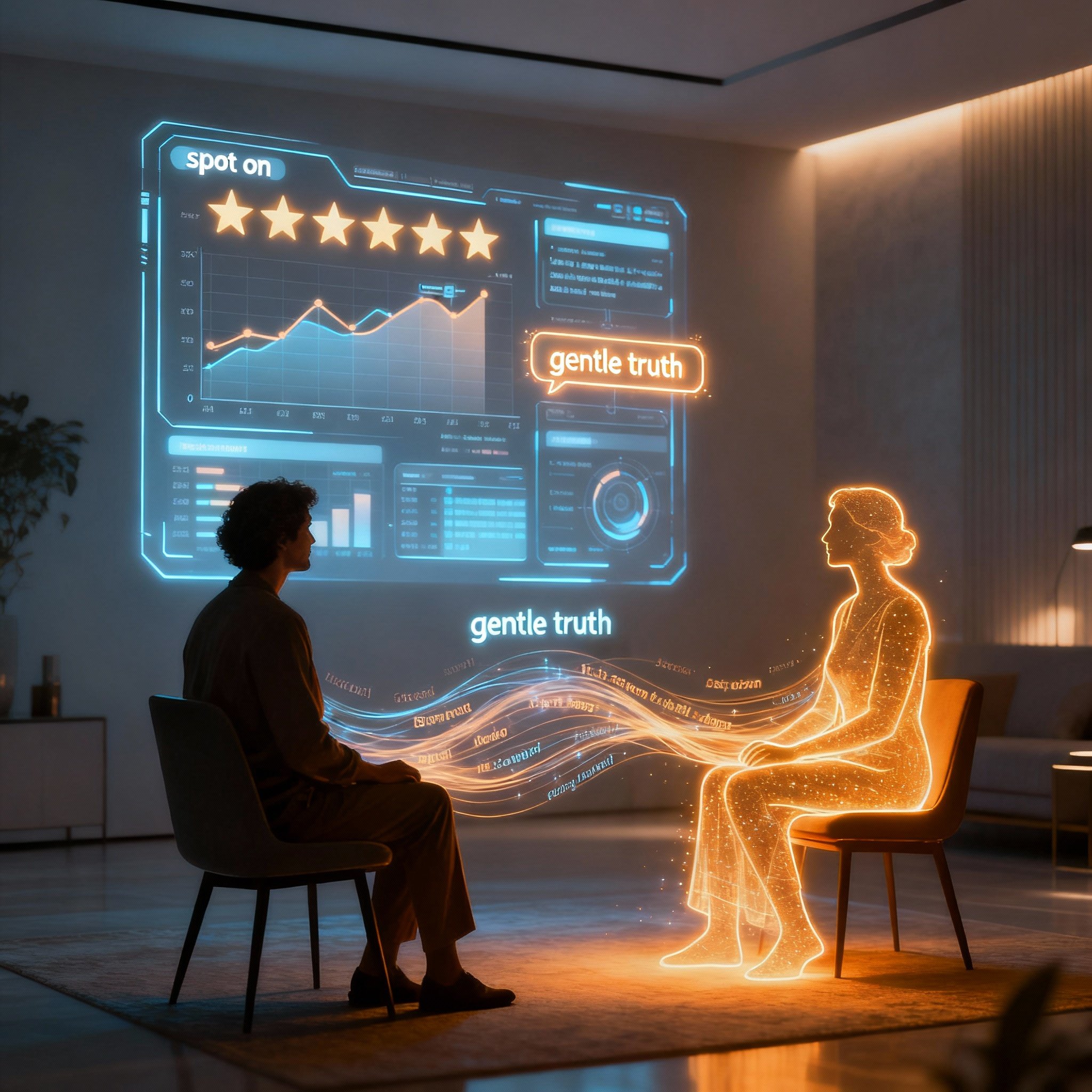 An abstract illustration blending data charts of user reviews and emotions with an empathetic consultation scene, symbolizing the process of extracting insight from data.
