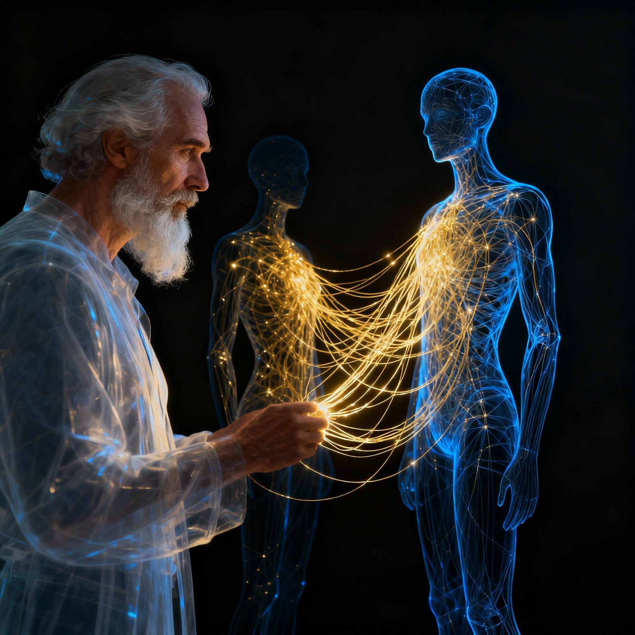 An abstract illustration depicting a psychic interpreting the complex energy flows and emotional connections between two people, with lines of energy intertwining as light, symbolizing insight and clarity.
