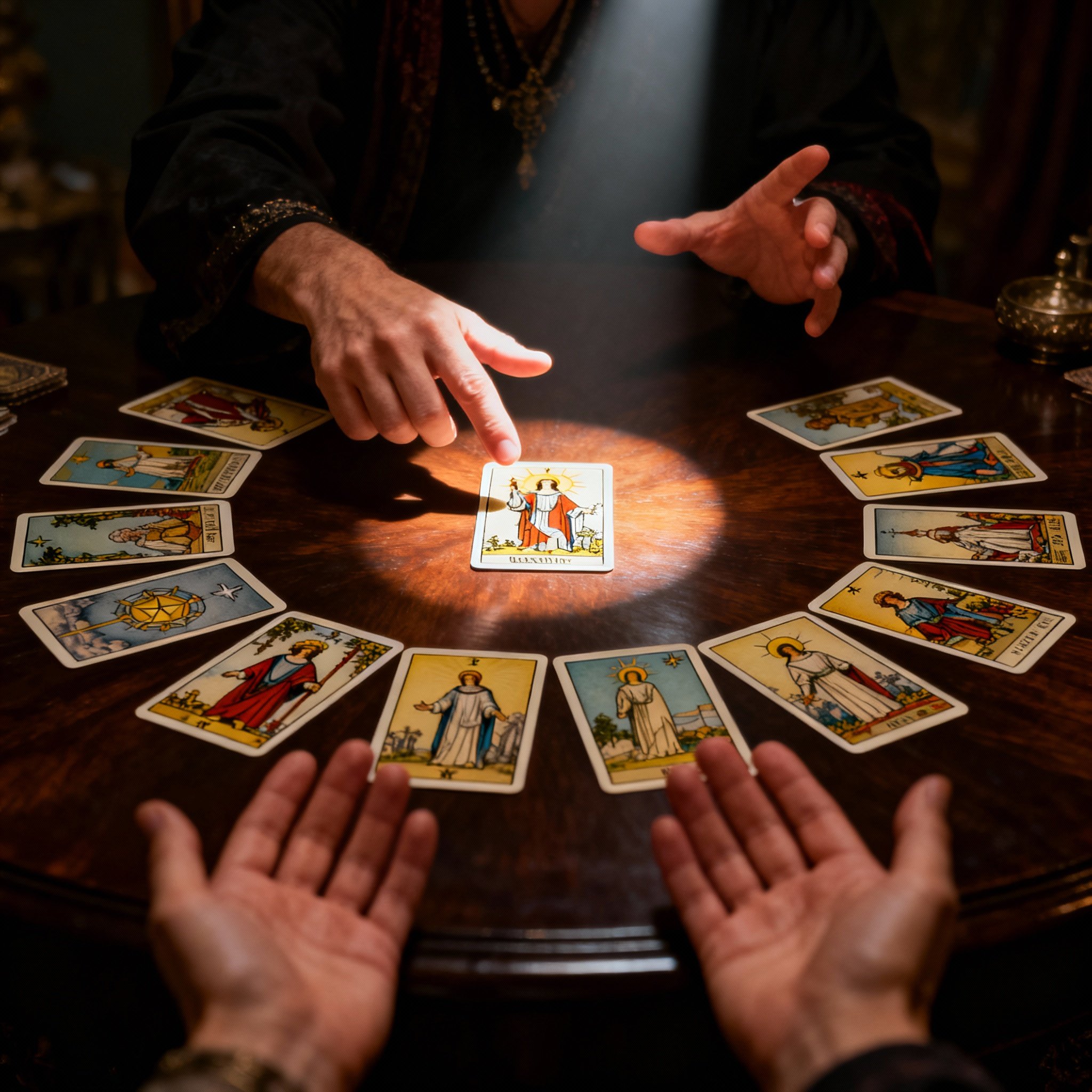 A client's point-of-view shot of psychic Ana M interpreting tarot cards spread across a table, with light focused on the cards, symbolizing clarity and guidance.