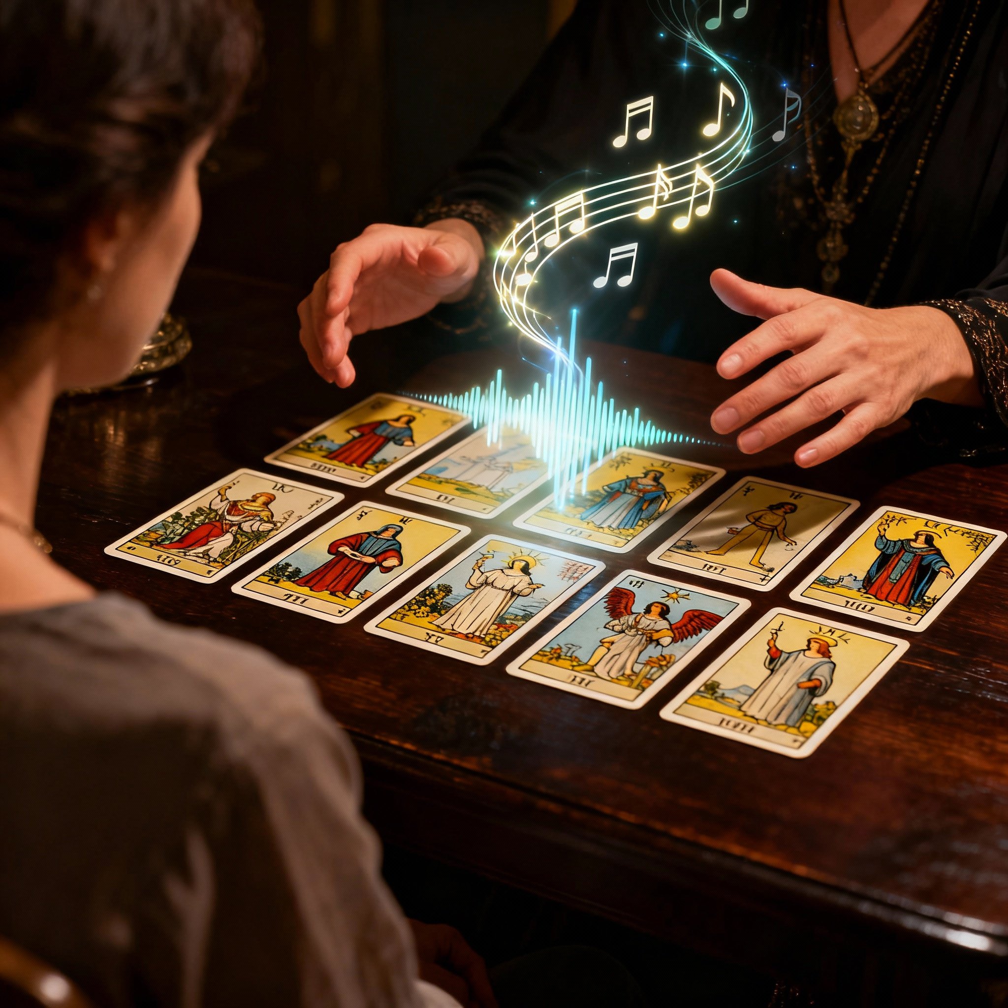 An over-the-shoulder view of a consultation scene. Tarot cards are spread on a table, and the psychic's hands hover gently over them as glowing musical notes and soundwaves rise from the cards, flowing between her and the client, symbolizing insight gained through music.