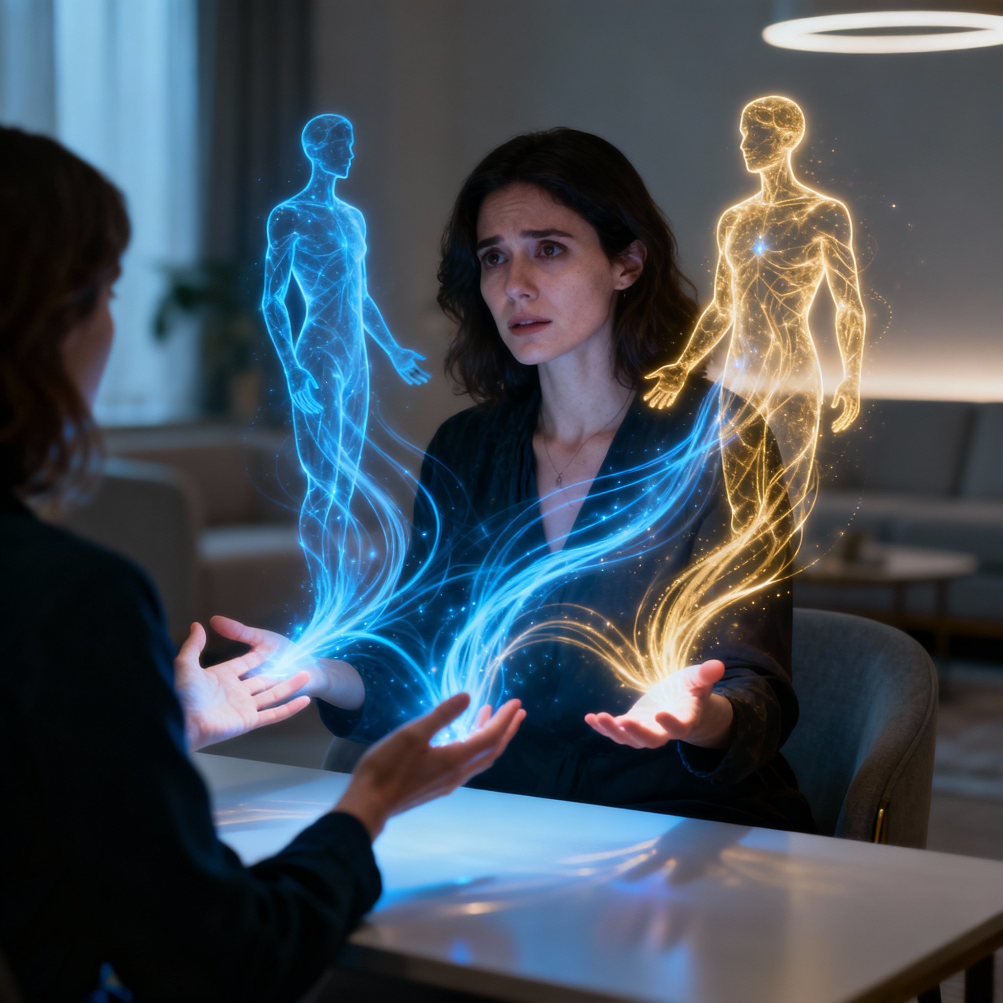 A conceptual image of a client interacting with a psychic. Lines of energy flow from the psychic's hands, connecting to two glowing silhouettes representing the client and their 'person of interest', symbolizing gaining clarity in a complex relationship.