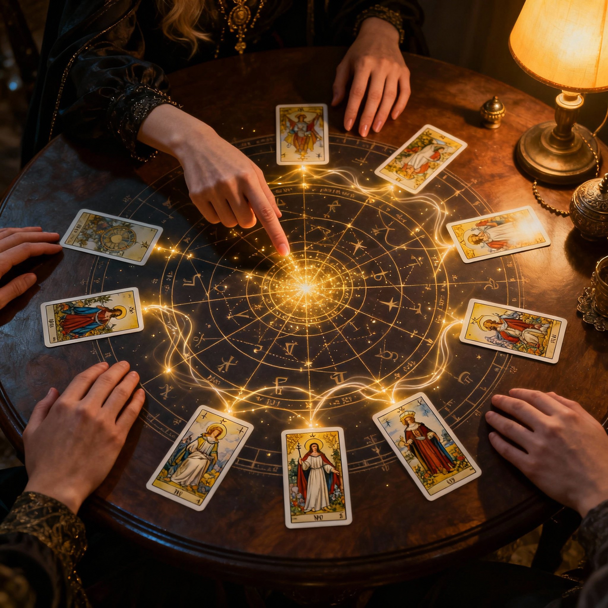 An overhead view of a consultation table, where a pair of elegant hands points at a complex astrological chart and several glowing tarot cards. Golden light, symbolizing insight, connects the chart and cards, creating a mystical and revelatory scene.