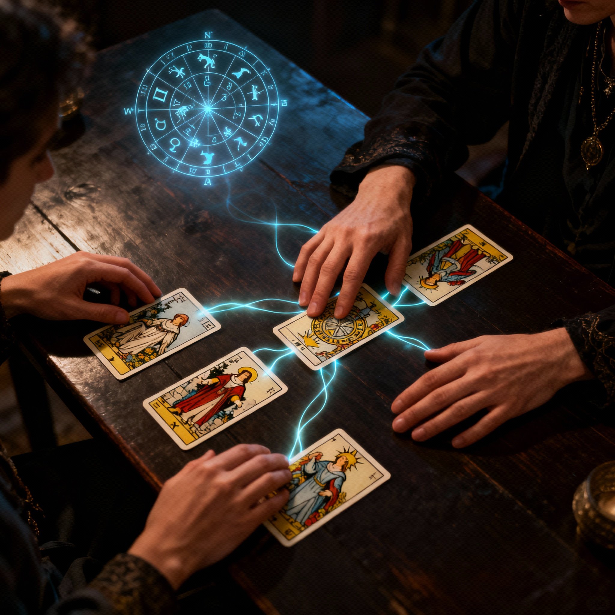 An image depicting a consultation scene, focusing on hands interpreting a spread of Tarot cards. In the background, faint glowing charts resembling an astrological wheel symbolize the fusion of intuitive insight and deep analysis.