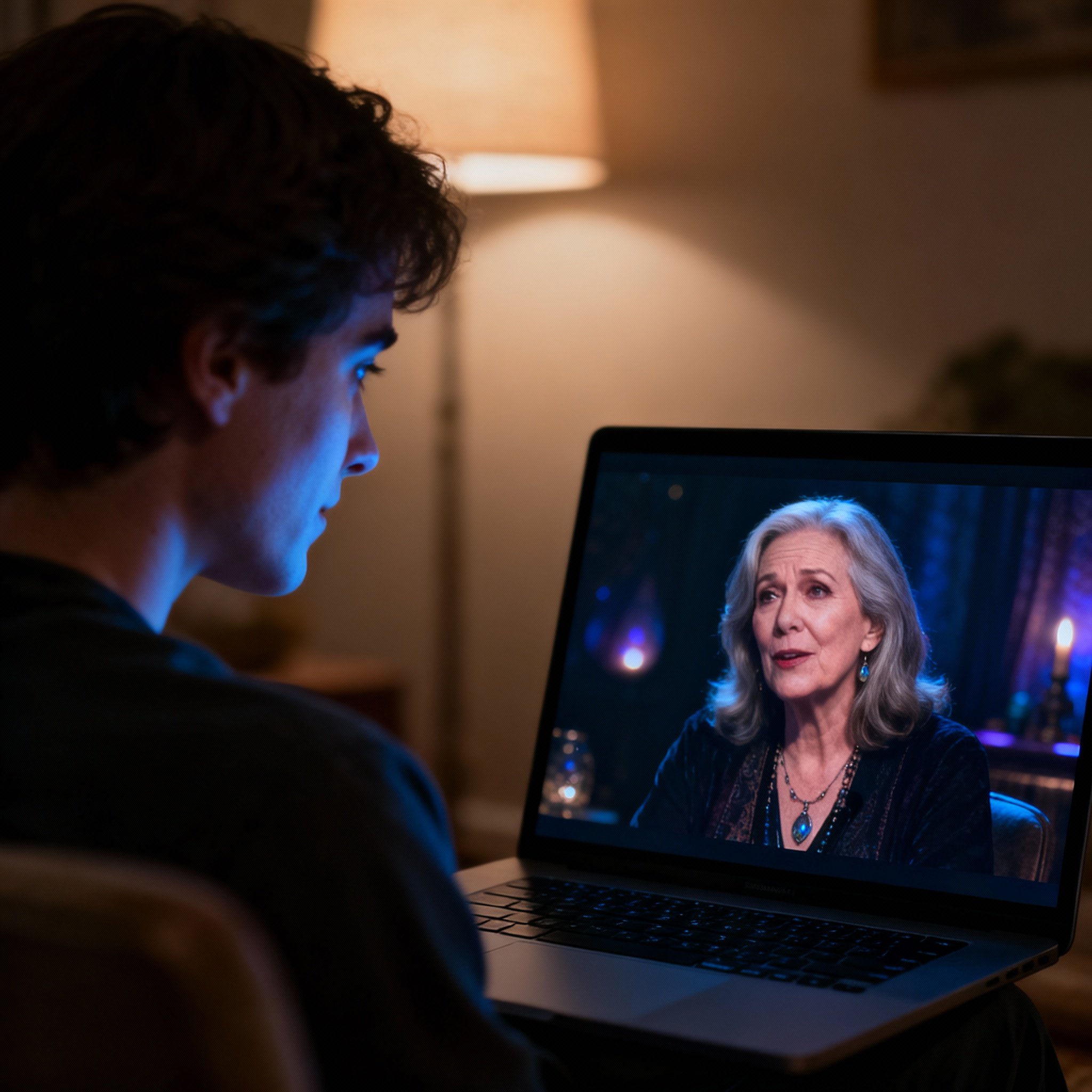 An over-the-shoulder view of a client on a video call with a psychic on her laptop screen. The client's face is illuminated by the screen, showing an expression of relief and realization, symbolizing the clarity gained.