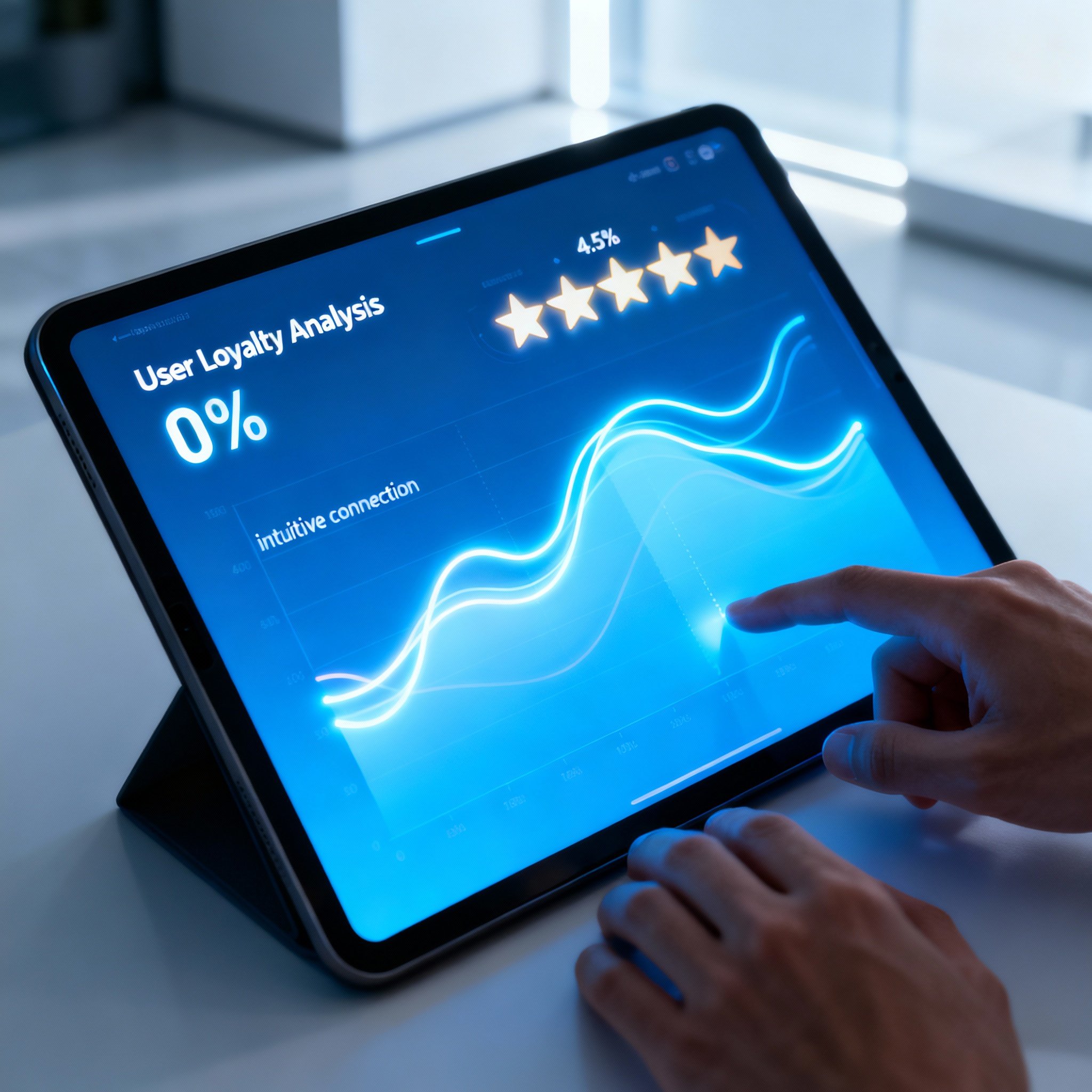 An image illustrating the combination of data analysis and intuitive insight. In the foreground, a luminous screen displays user loyalty charts, star ratings, and abstract lines representing energetic connections. The scene reflects the analytical nature of the article while hinting at the psychic's intuitive abilities.
