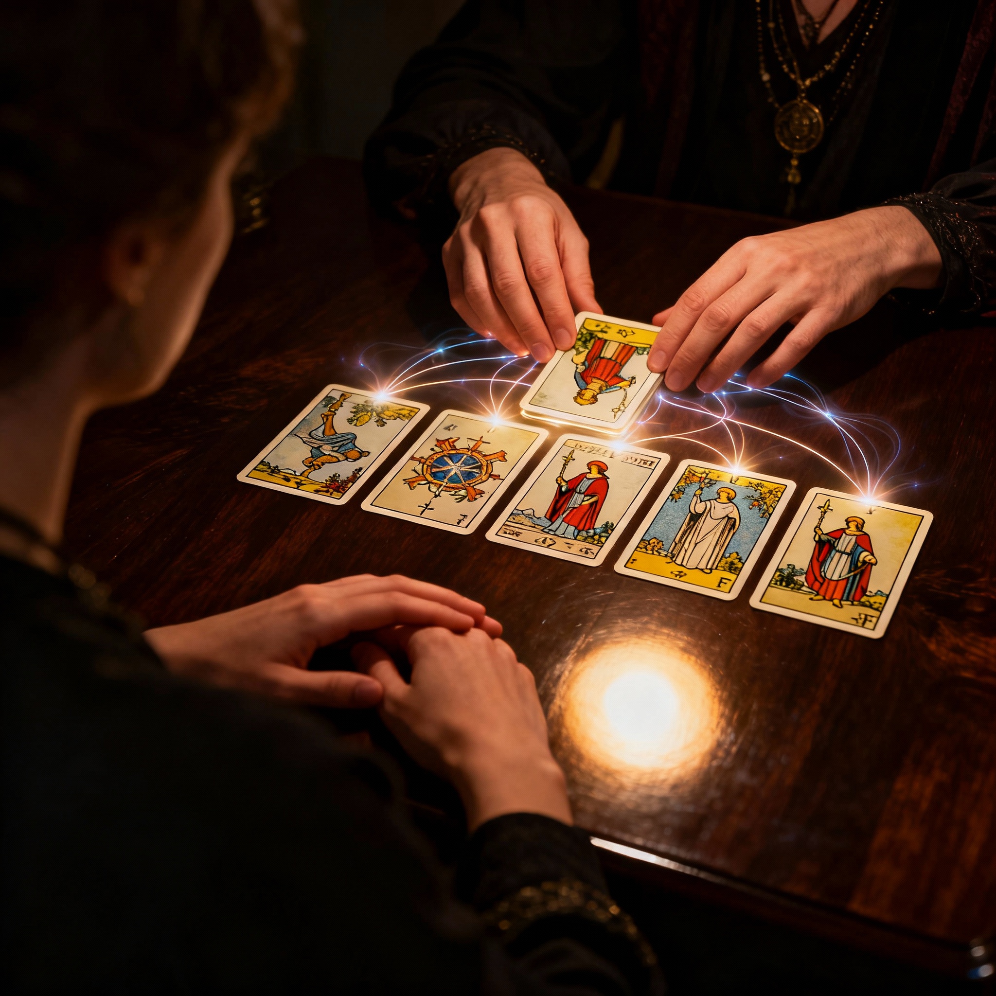 On a wooden table, a pair of hands arranges glowing Tarot cards, illustrating the process of a psychic reading energy and providing clear insight.