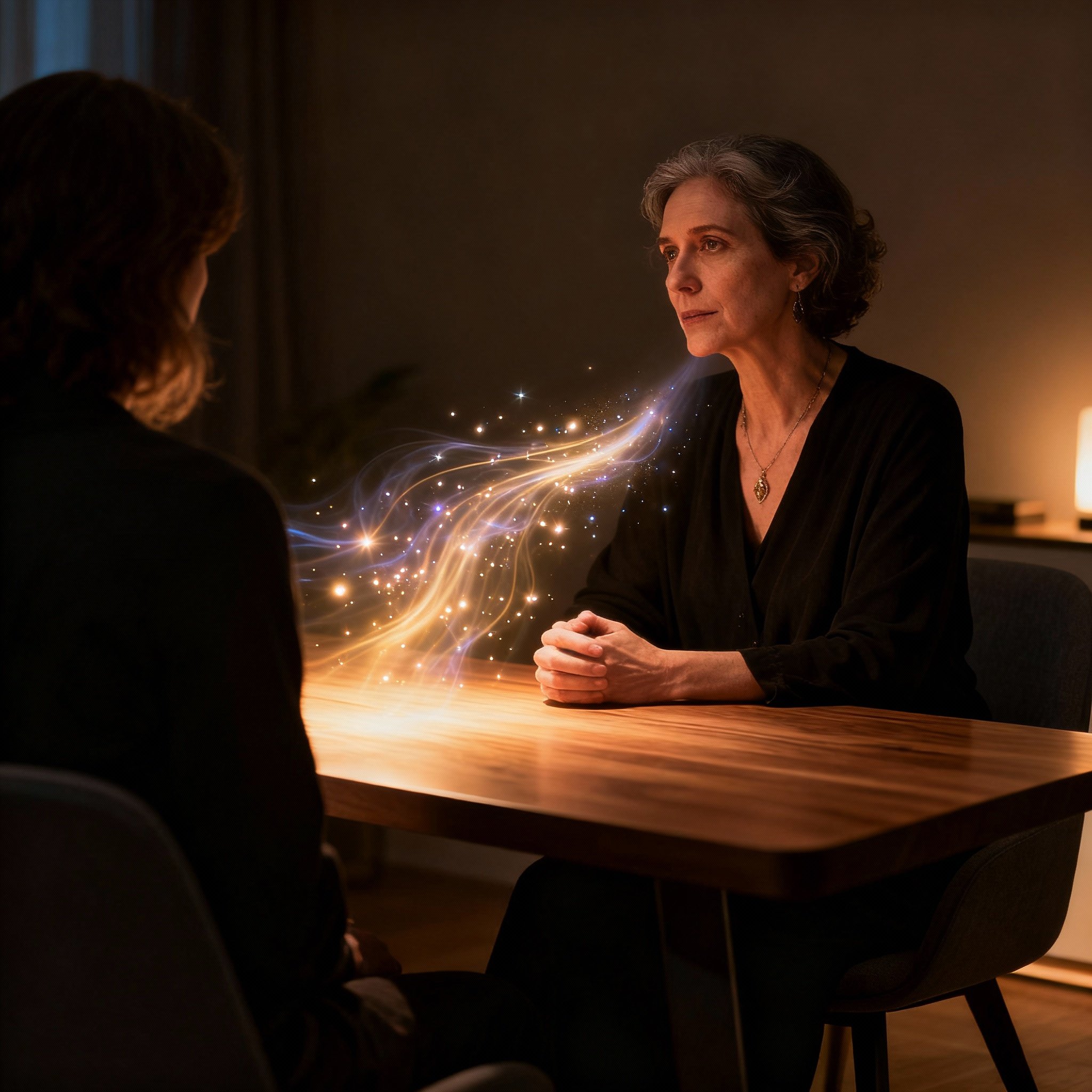 A psychic and client in a consultation session, with glowing lines of energy flowing between them, symbolizing information transfer, emotional connection, and a moment of clarity.