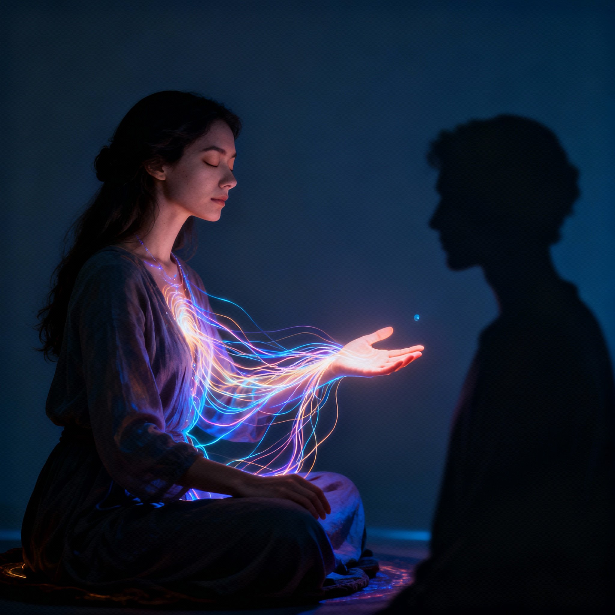 A psychic advisor conducting a no-tools energy reading. Her eyes are closed in concentration as she extends a hand, with luminous lines of energy flowing between her and an abstract human silhouette representing the client, symbolizing emotional insight and empathy.