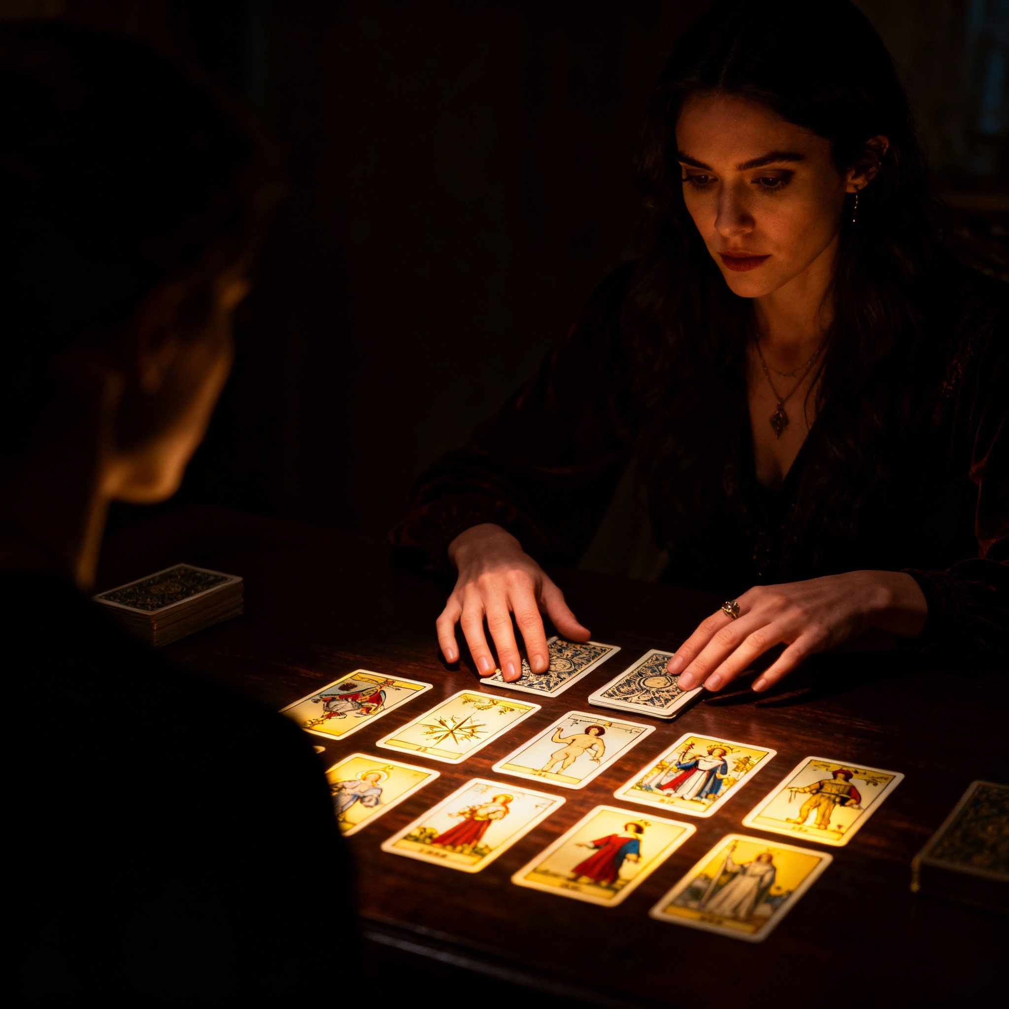 A consultation scene from an over-the-shoulder perspective of a client, showing psychic Jonelle intently interpreting a spread of glowing tarot cards on a wooden table, with dramatic lighting highlighting the mystery and revelation.
