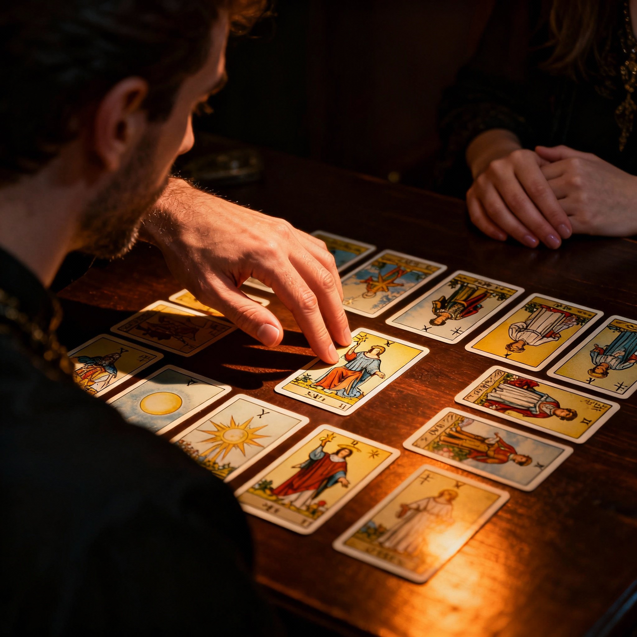Tarot cards are spread out on a table, with a psychic's hands pointing to a key card. The light is focused on the cards, creating an atmosphere of concentration, revelation, and deep interpretation.