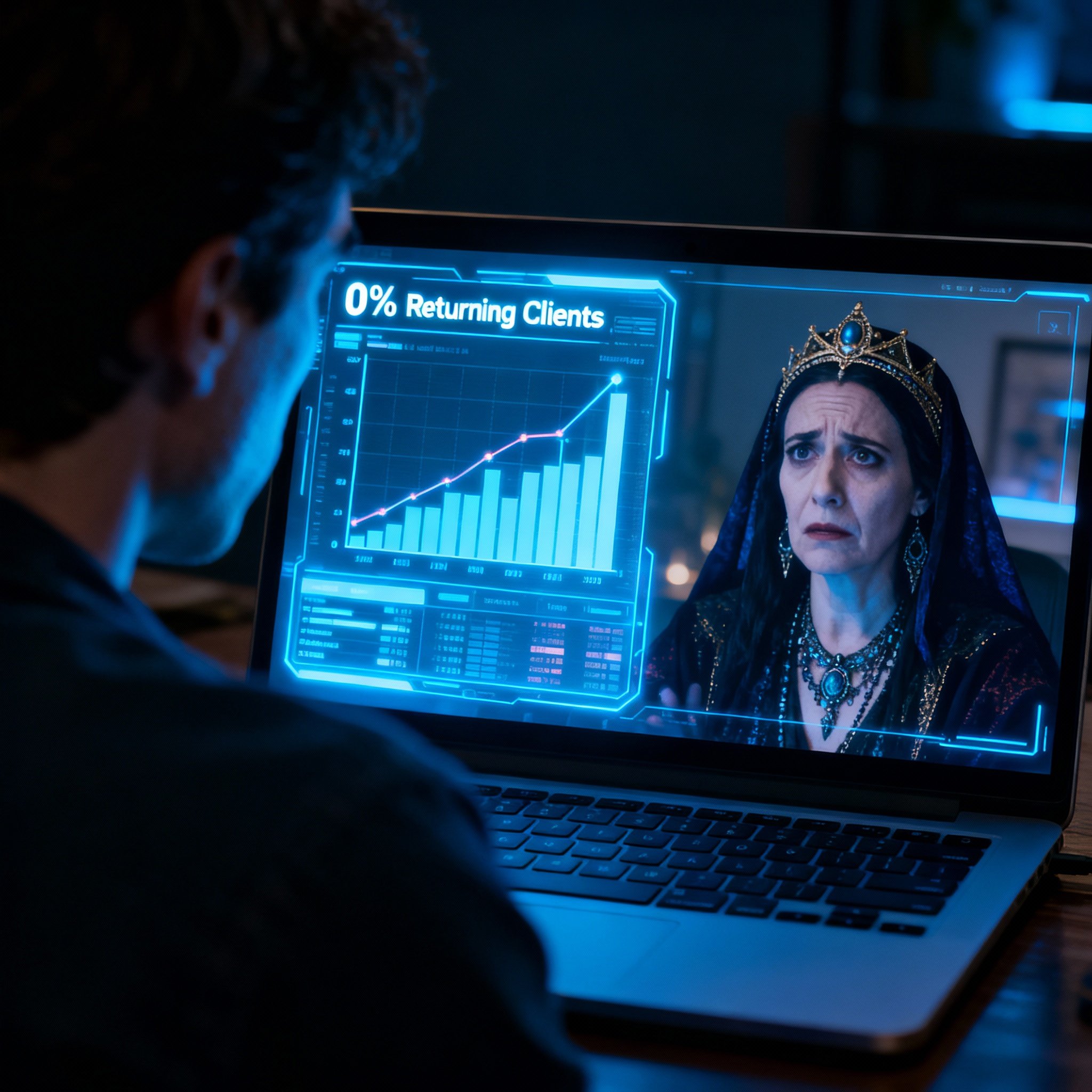 A user sits before a laptop for an online consultation, with holographic data charts floating above the screen. The '0% Returning Clients' metric is starkly highlighted, representing the disparity between the psychic's promise and the analytical findings.