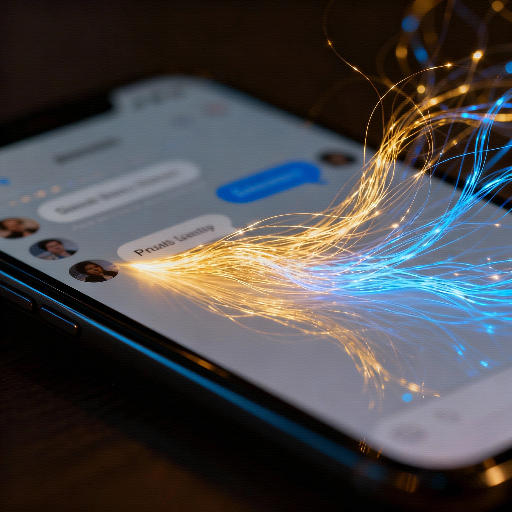 A conceptual image illustrating the insight process during an online consultation. Abstract, glowing lines of energy flow out from a chat interface on a laptop screen, symbolizing how Psychic Harry quickly and accurately interprets complex emotions and relationships.
