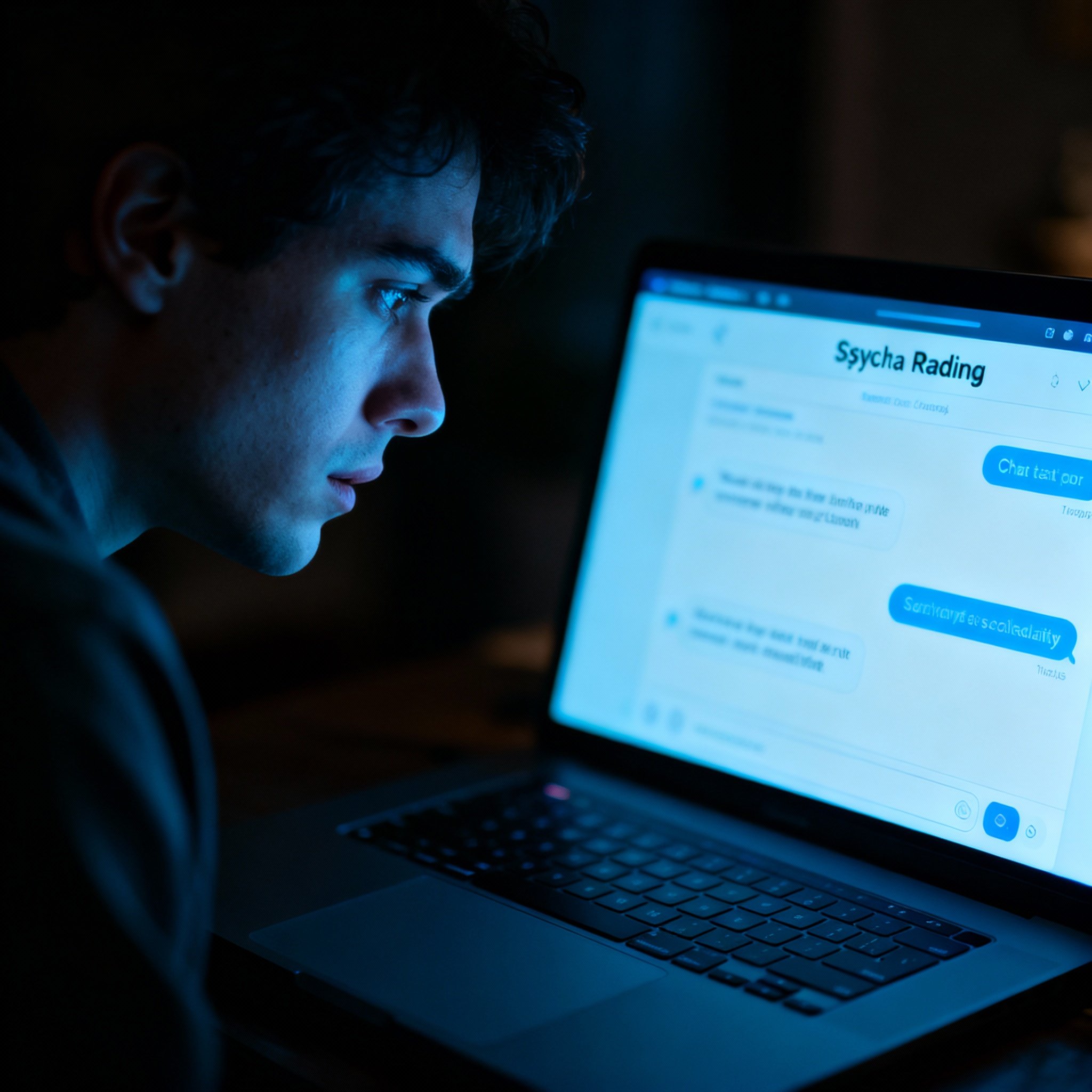 A user sits in front of a laptop, the screen showing a chat interface with a psychic. The user's expression shifts from confusion to clarity, symbolizing the valuable insight gained from the consultation.