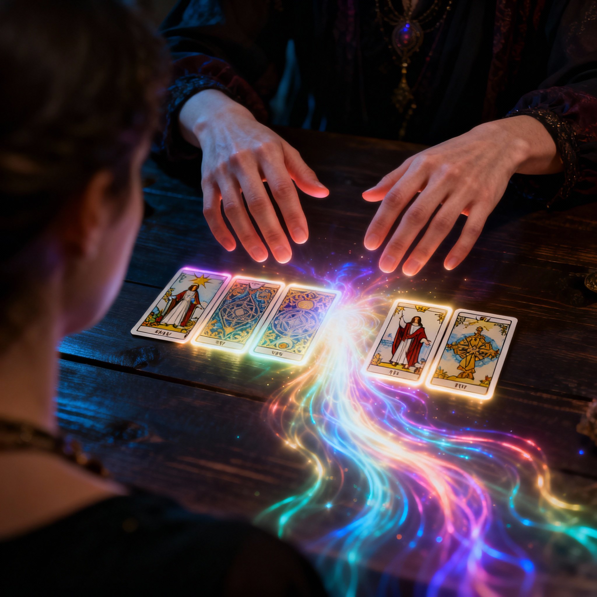 From a client's perspective, a psychic's hands hover over glowing tarot cards, with a colorful aura of energy flowing from them, symbolizing deep insight and energetic connection during a reading.