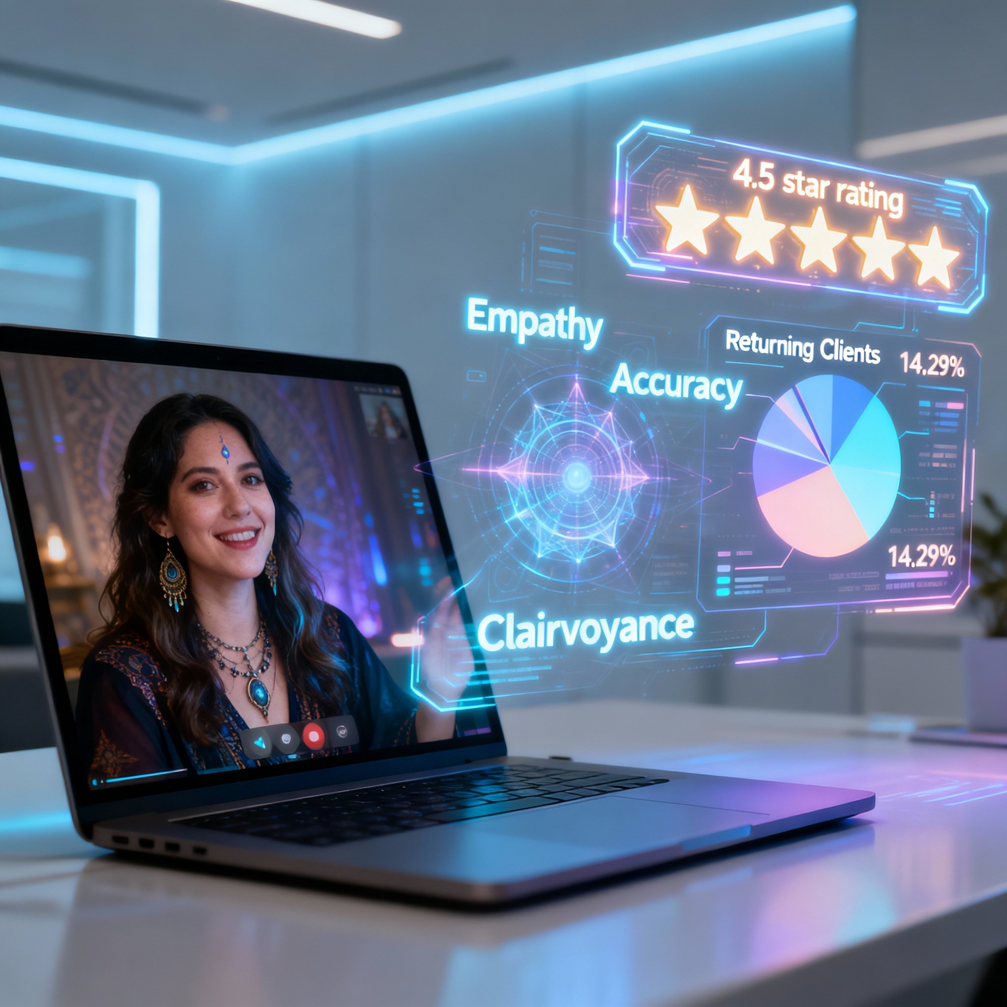 An innovative visual showing Psychic Simone in a video consultation on the left, with floating data graphics on the right representing user loyalty and positive ratings, illustrating her service quality.