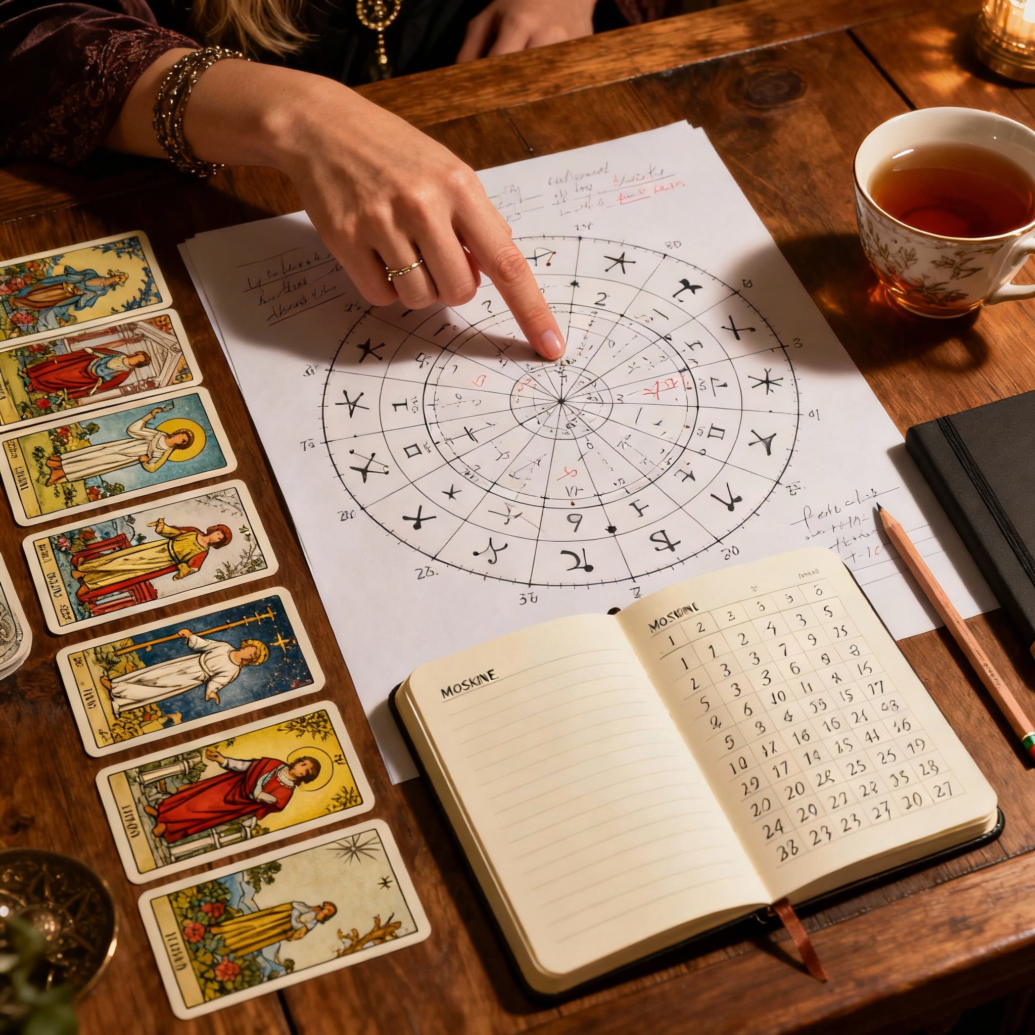 A top-down flat lay view of a psychic's desk, featuring a neat spread of tarot cards, an astrological chart, and handwritten numerology notes, symbolizing Gabs' multi-dimensional and in-depth analytical method.