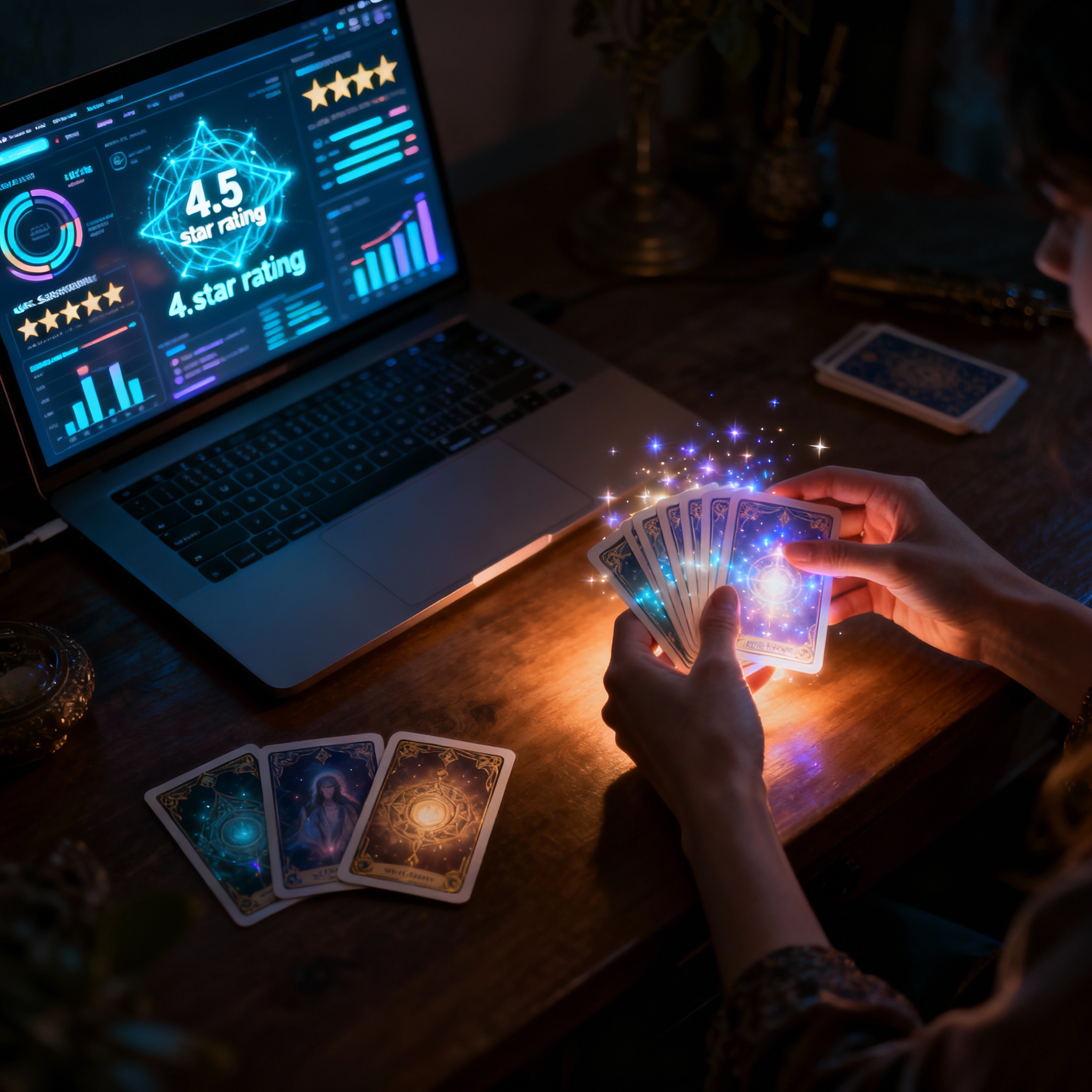 An over-the-shoulder view of a consultant's desk, featuring a laptop with glowing charts and data representing user satisfaction. A hand rests gently on a few tarot cards, symbolizing the blend of intuition and data.