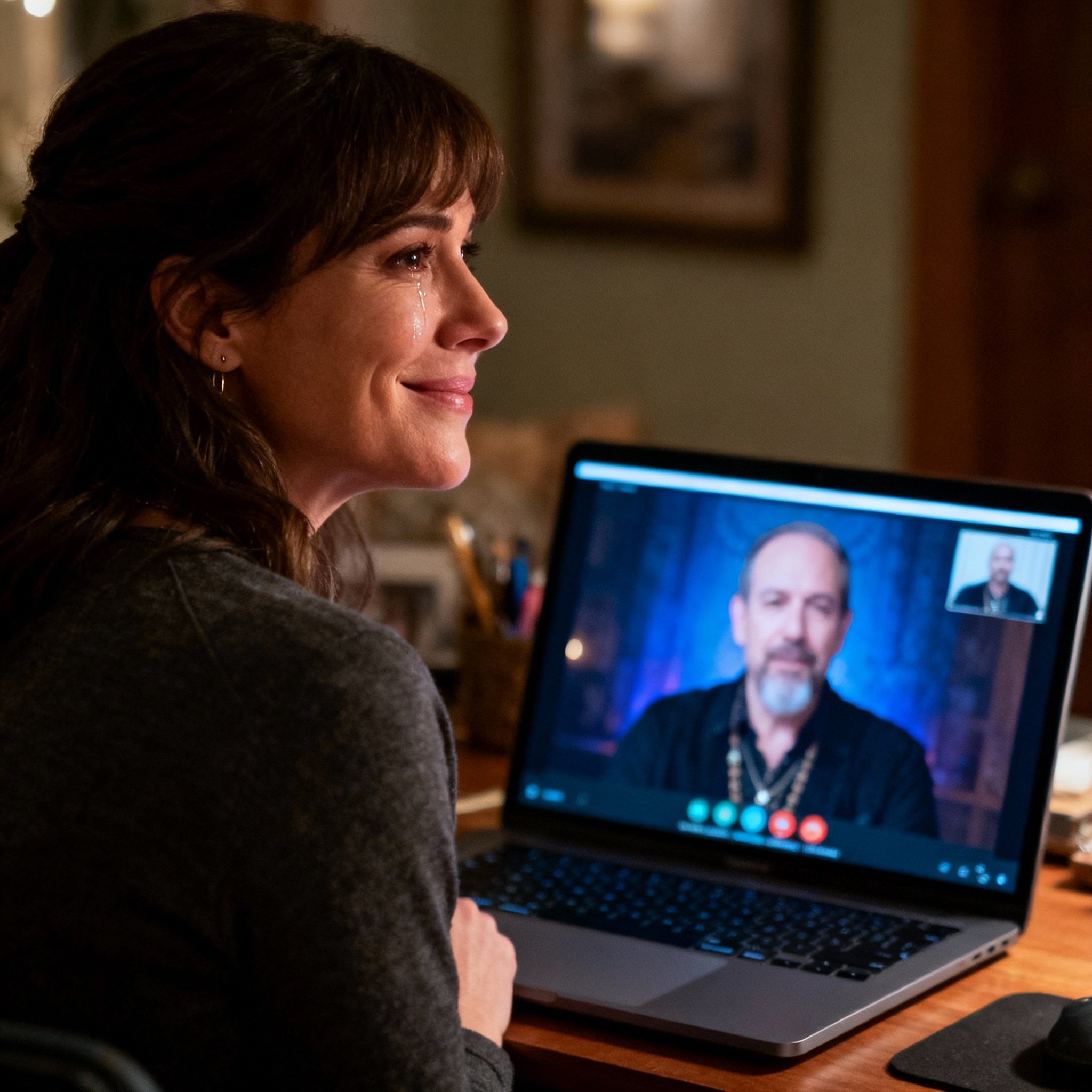An over-the-shoulder shot of a female client on a video call with her psychic advisor via a laptop. Her face, illuminated by the screen, shows an expression of epiphany and relief, as if gaining crucial clarity from the session.