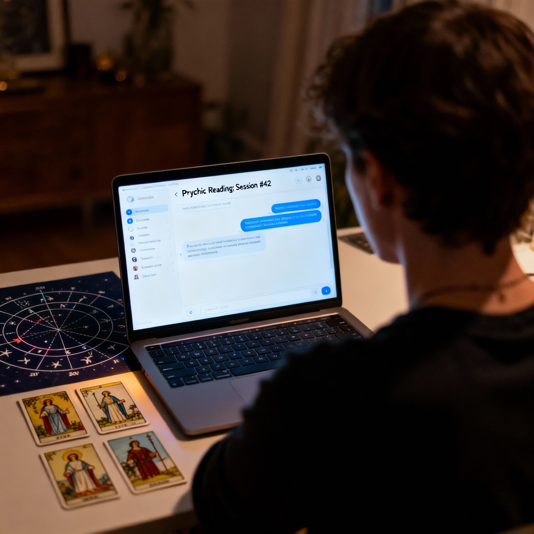 An over-the-shoulder view of a client engaged in an online psychic chat on a laptop. The chat interface is visible on the screen, with tarot cards and an astrology chart on the desk beside it, symbolizing a multi-tool reading.