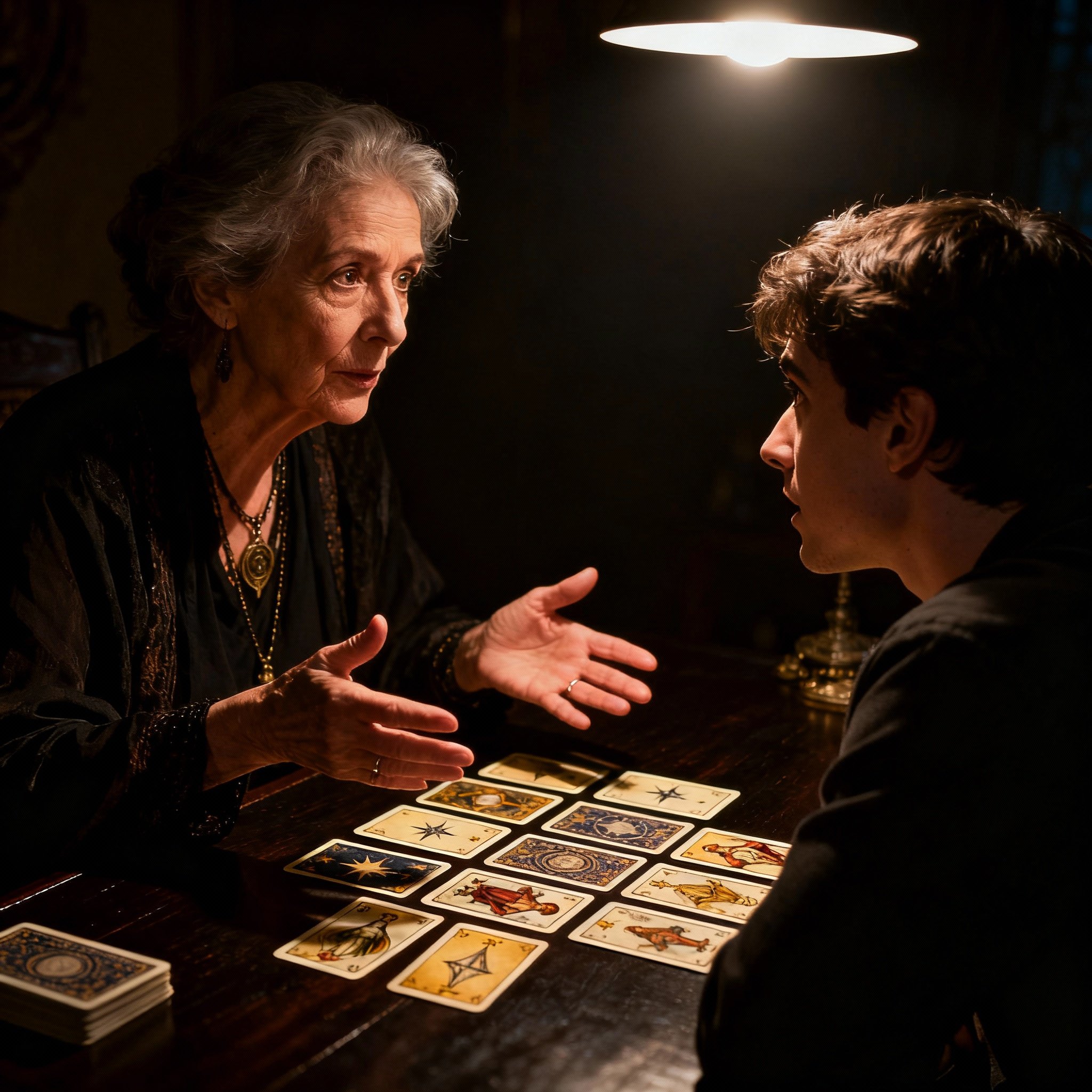 A psychic and a client at a table, with light focusing on the cards and their interacting hands, capturing a moment of focused interpretation and emotional connection.