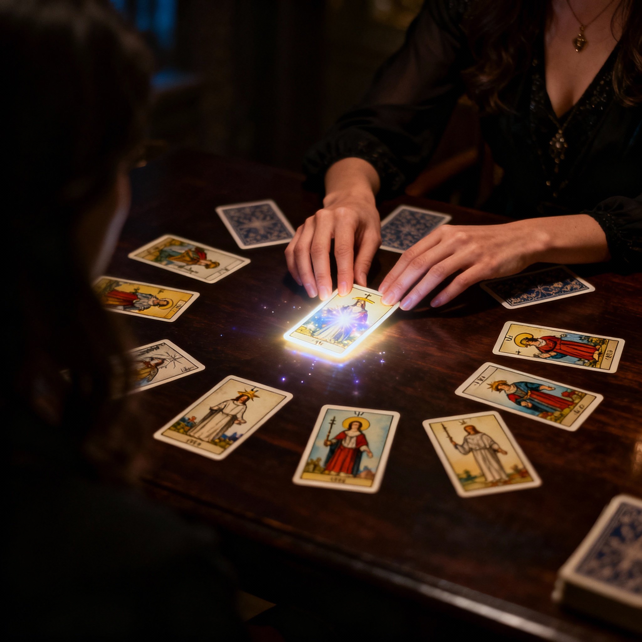 A scene from a psychic consultation, with a tight focus on tarot cards on a table. The psychic's hands are turning over a glowing card, symbolizing the reveal of clear insight and truth for the client.