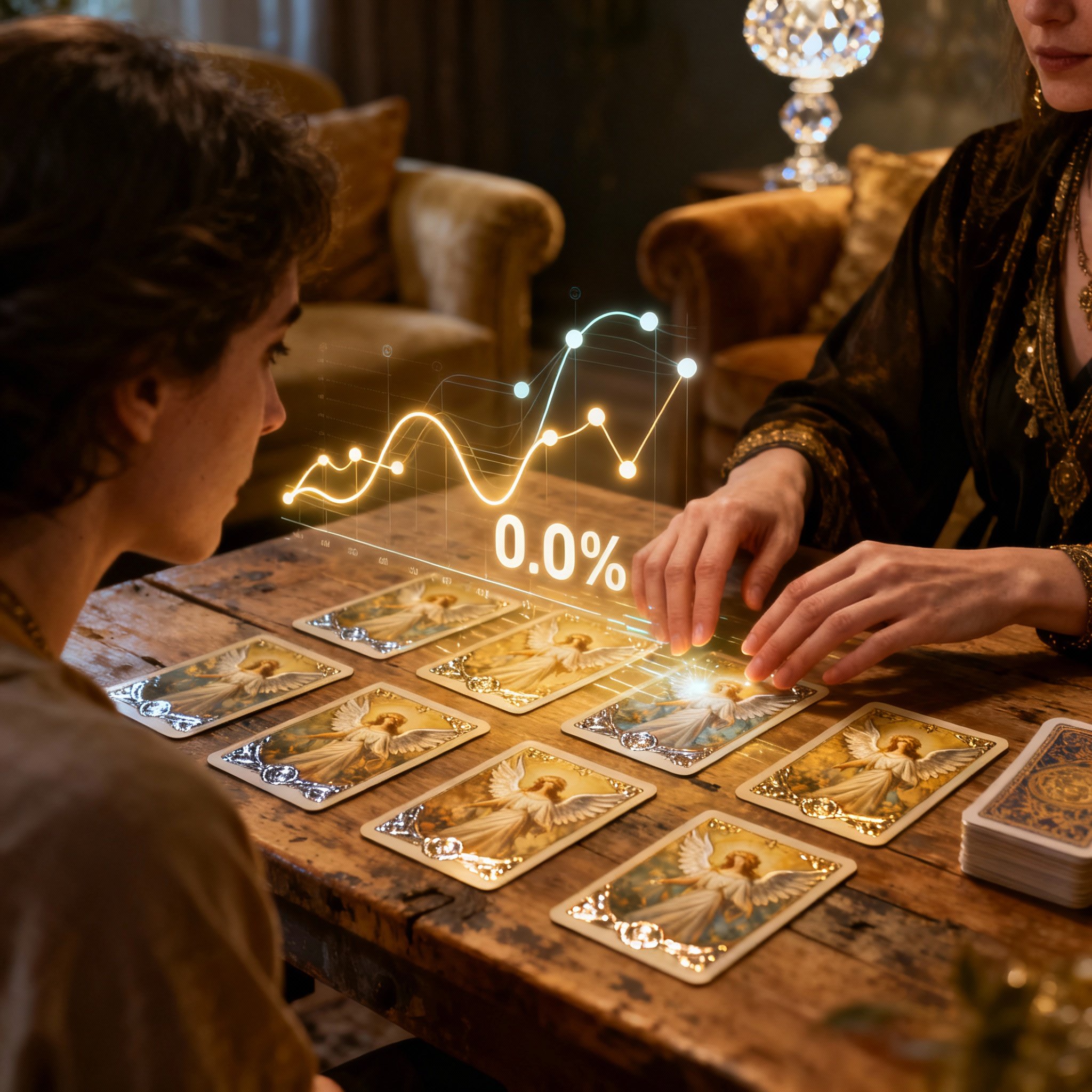 A scene of a client in a consultation with a psychic. Several angel oracle cards are spread on the table, and the psychic is patiently interpreting them. Abstract data charts and percentage signs are overlaid on one side of the image, symbolizing the analysis of user feedback.