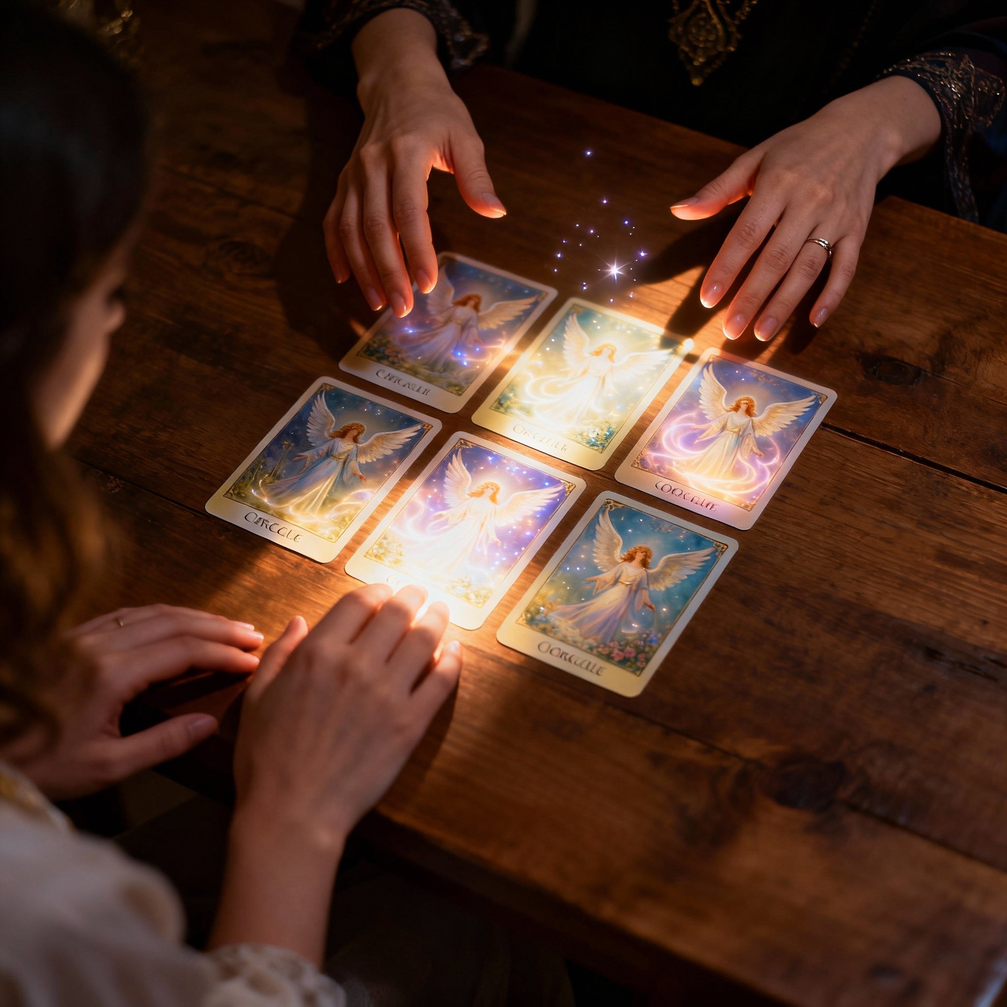 An image capturing a consultation scene, with the focus on several glowing Angel Oracle cards spread across a table. The psychic's hands are elegantly pointing to one of the cards, as if providing a deep interpretation for a client. Light emanates from the cards, illuminating her hands, symbolizing 'clarity' and 'insight'.