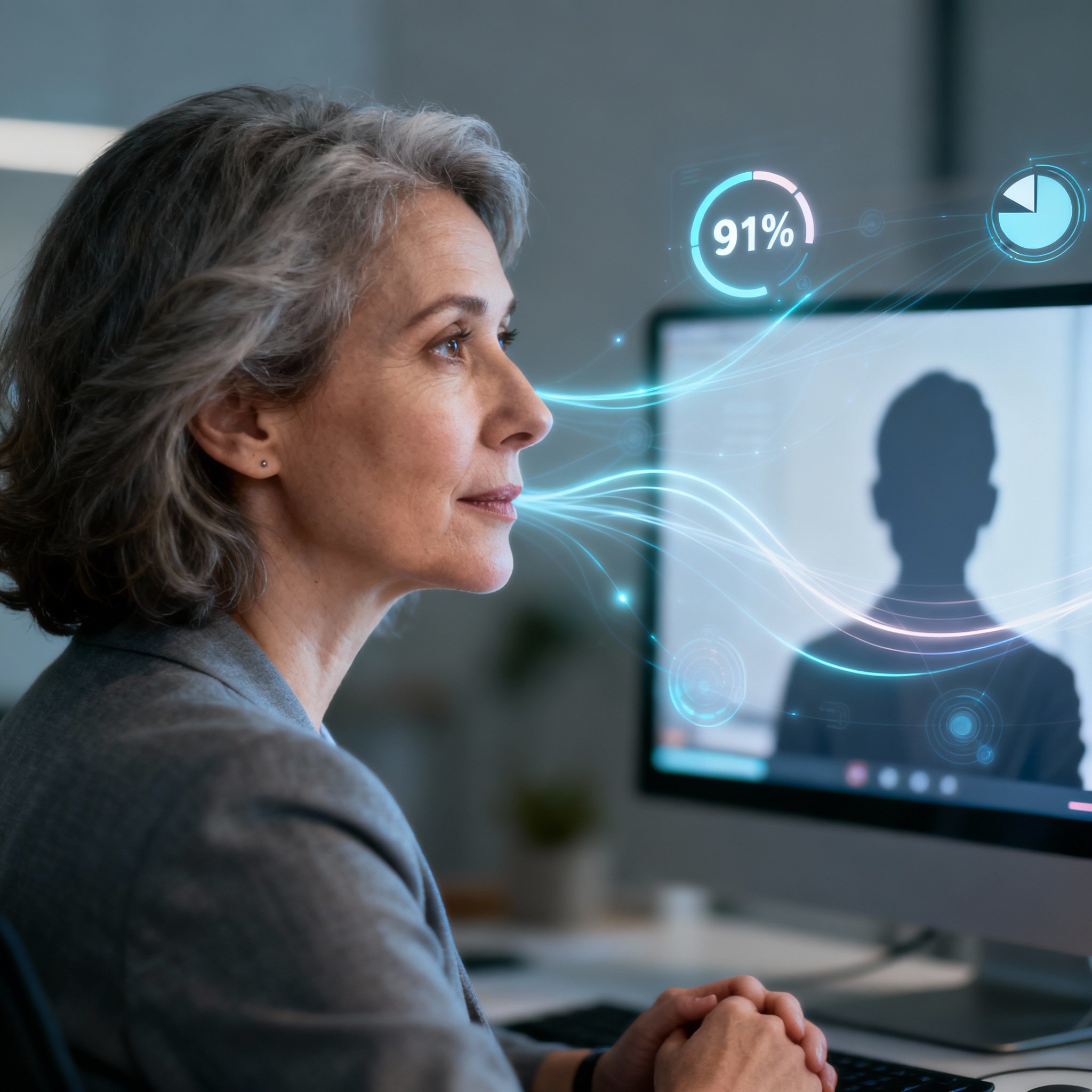 Advisor Janet listens intently during a video call, surrounded by glowing lines that symbolize the connection between data and intuition, representing her ability to interpret emotions and provide clarity.