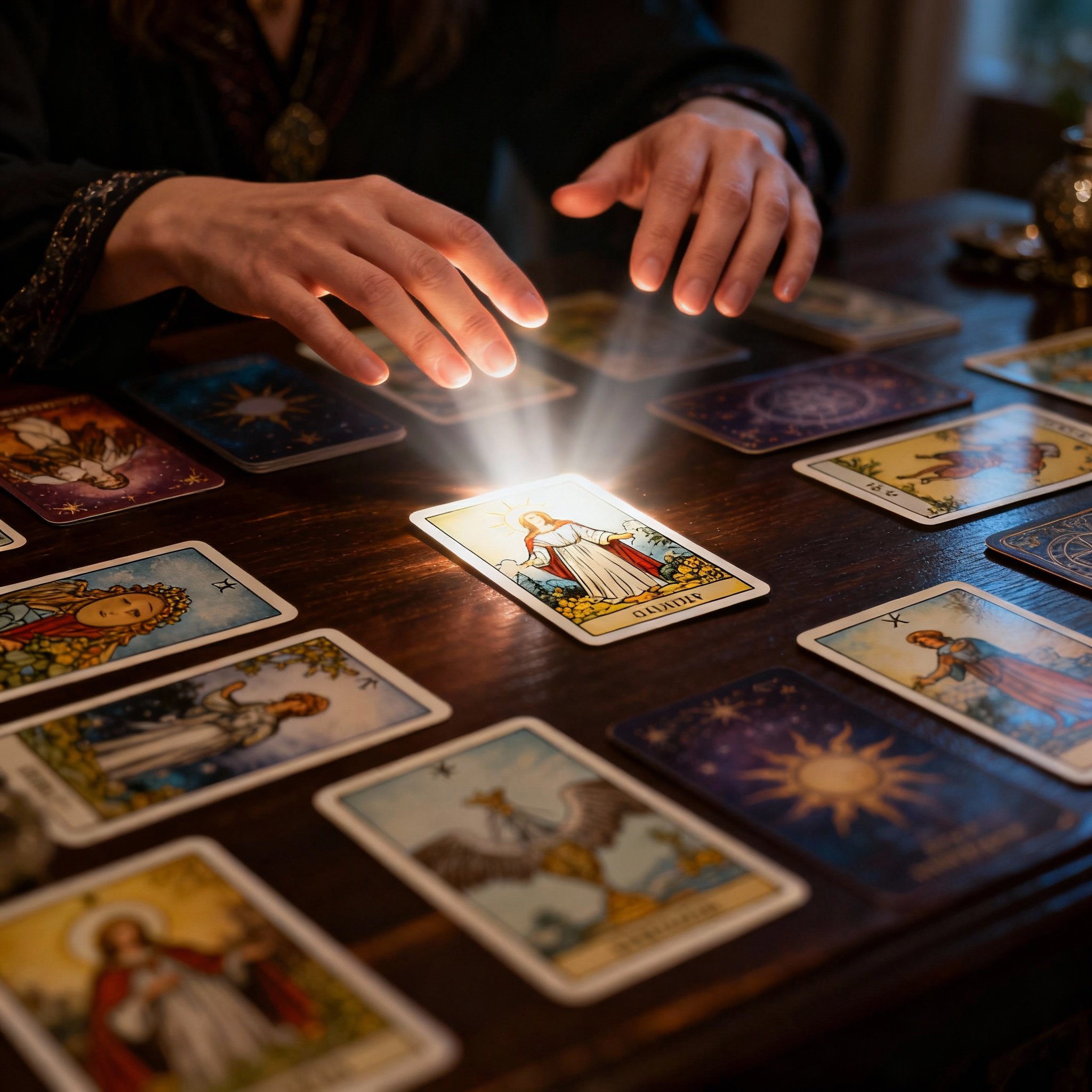 An illustrative scene of a consultation focusing on Tarot cards spread across a table. A symbolic beam of light rises from the cards, illuminating a client's hands, representing a moment of clarity and an 'aha' insight.