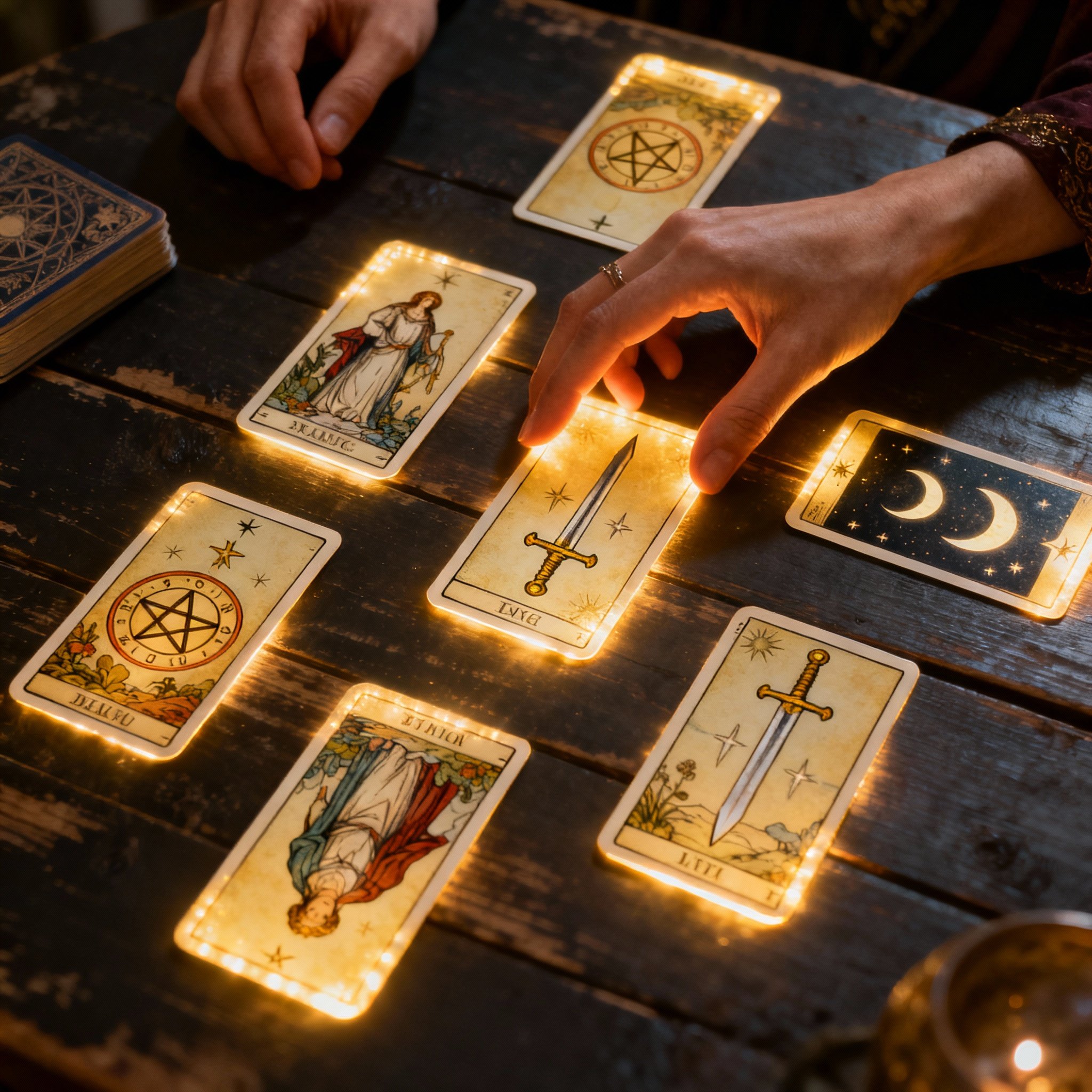 An overhead view of a psychic interpreting tarot cards. Her hands are elegantly spread across the cards, which emit a soft glow, illuminating her focused expression and symbolizing clarity and a fast connection.
