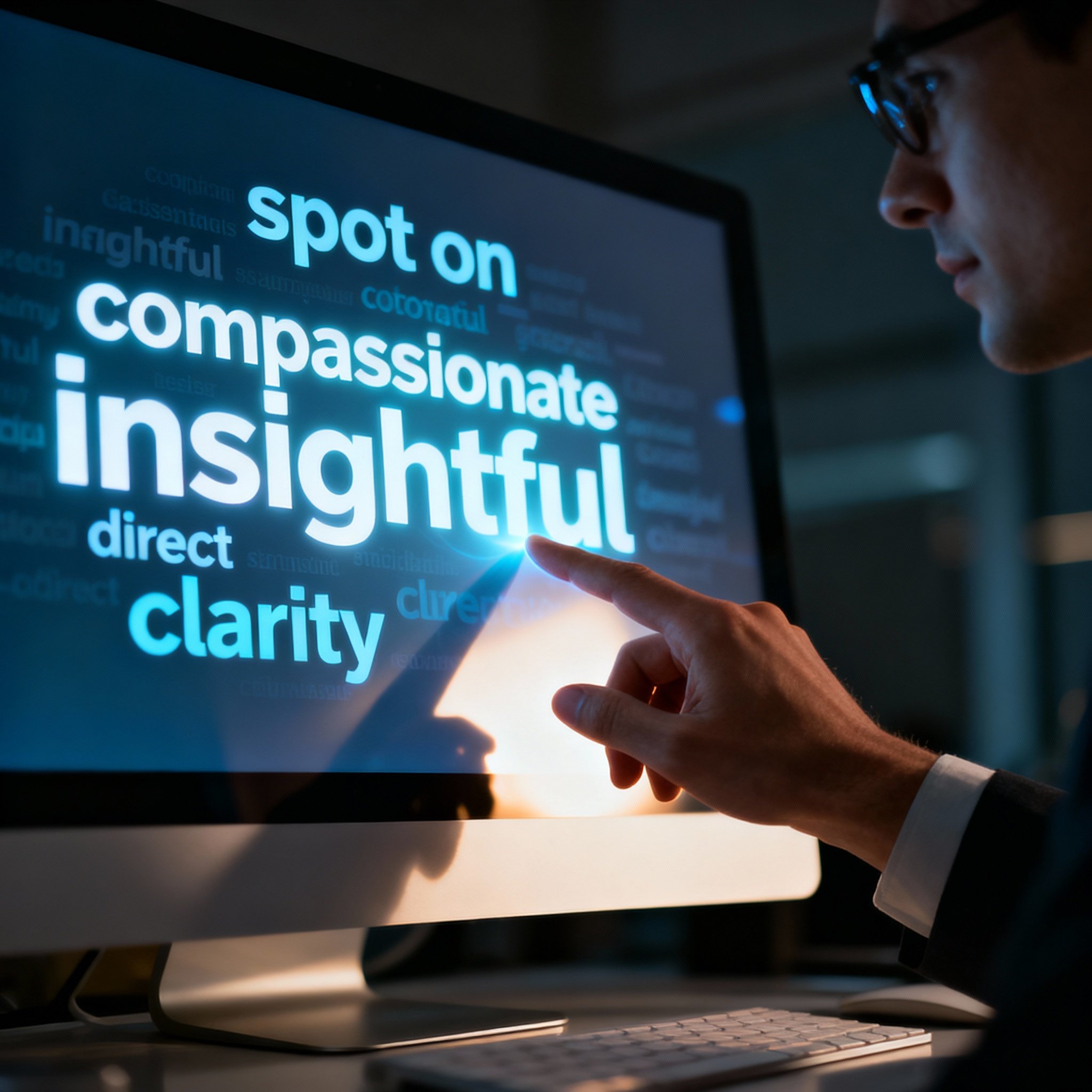 An image depicting data analysis, with a hand pointing at a glowing screen showing a word cloud of user reviews. Words like 'spot on' and 'compassionate' are prominent, symbolizing deep insight based on real feedback.
