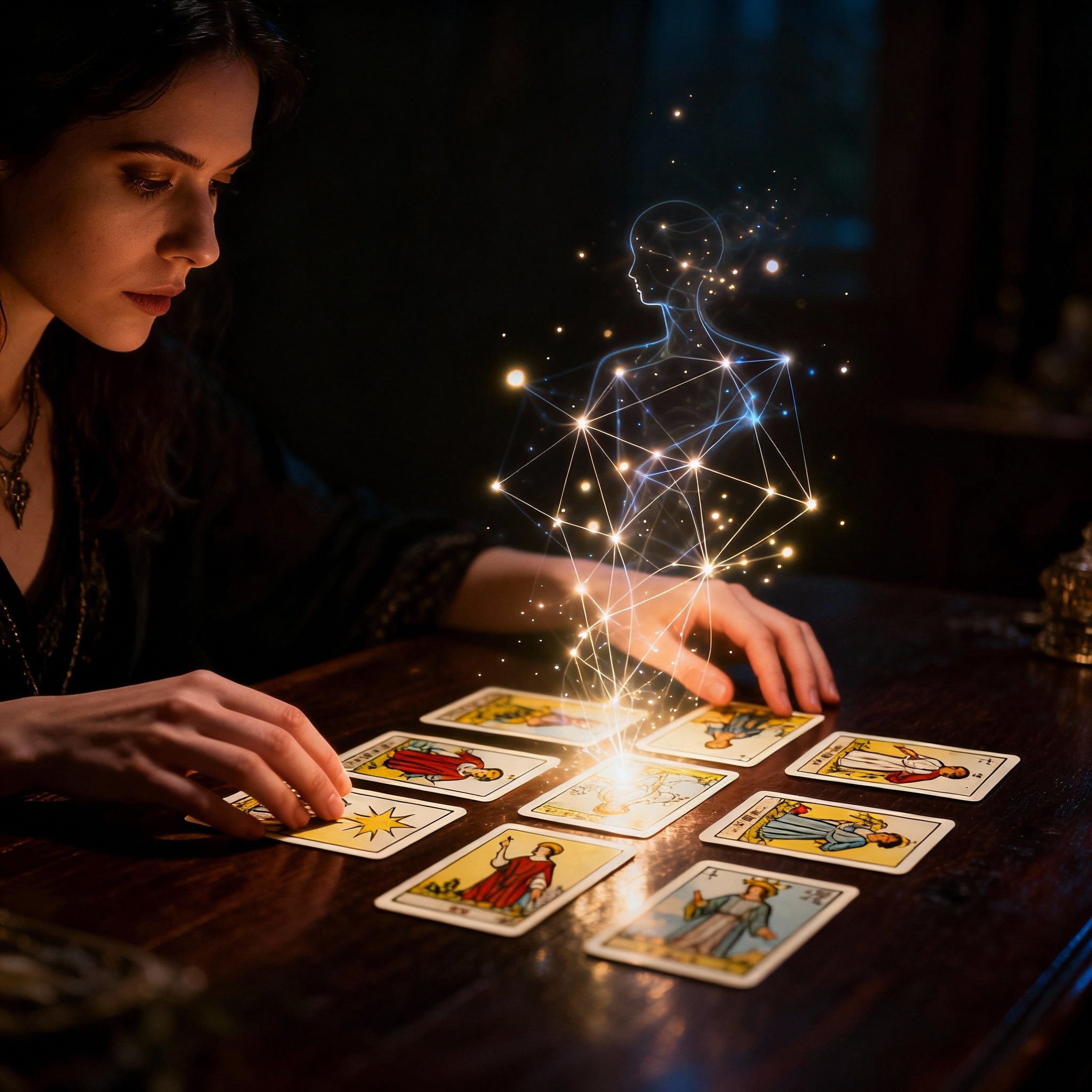 Spiritual Roma in a consultation, focusing intently on Tarot cards on a table. Faint, glowing lines symbolizing human connections emerge from the cards, representing her deep insight into the client's emotional situation.