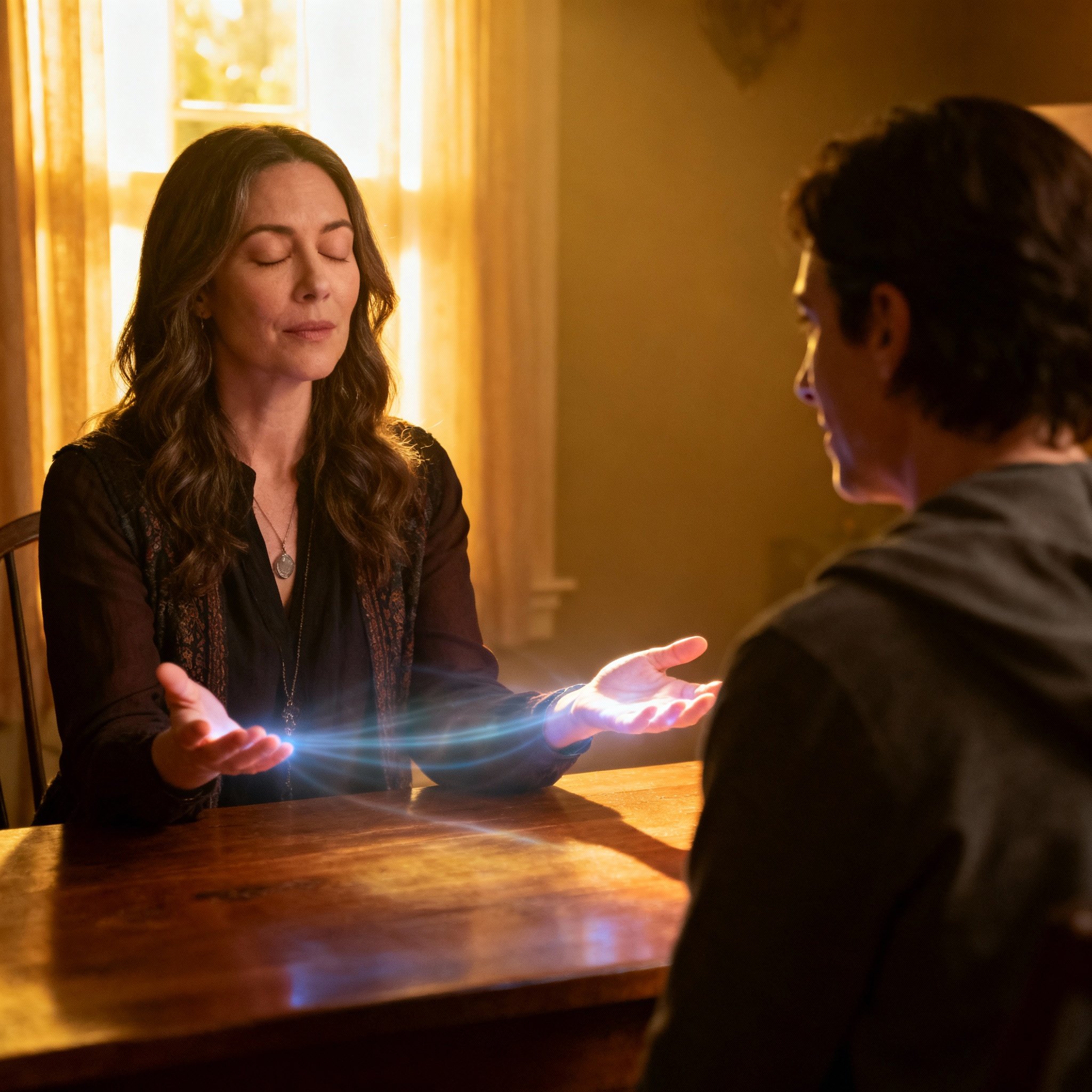 A psychic (Mother Priestess) and a client are seated across from each other during a consultation. The psychic's hands are gently held in the air as if sensing energy, while the client listens intently, a look of realization on their face. The scene is filled with soft light, highlighting the moment of insight and emotional connection.
