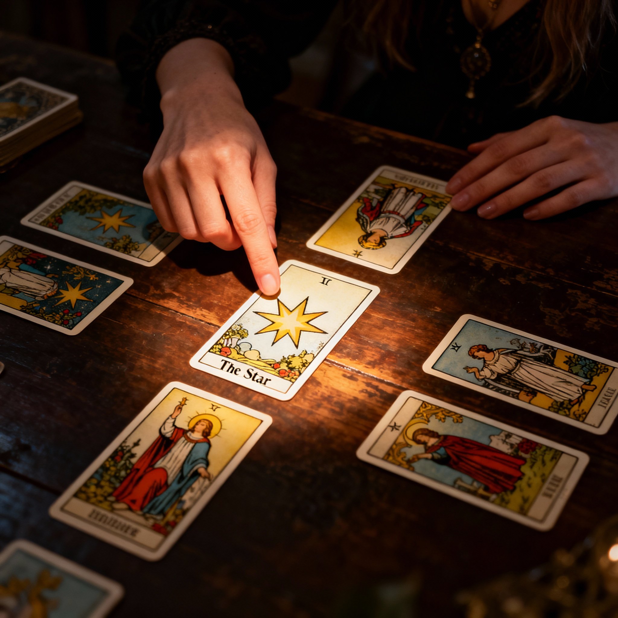 A close-up shot of tarot cards spread on a table, with a pair of hands pointing to a key card. The light focuses on the cards, creating a dramatic moment of revelation.