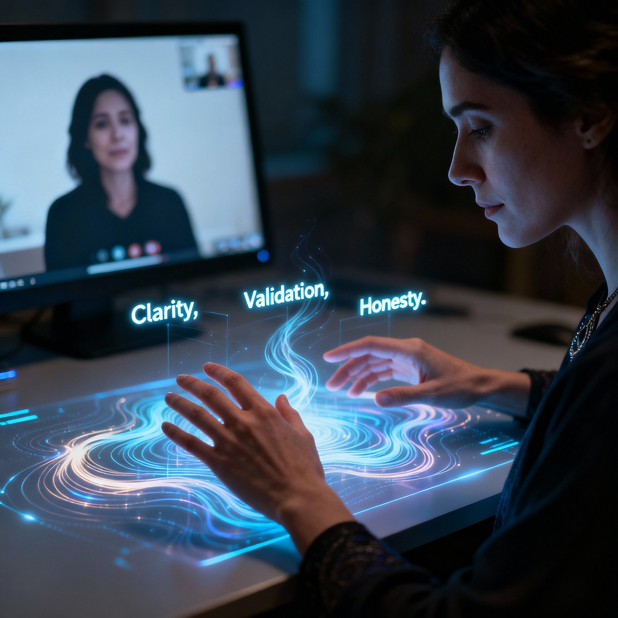 A modern consultation scene where a psychic's hands hover over a glowing interface. The interface displays abstract energy flows and keywords like 'Clarity,' 'Validation,' and 'Honesty,' symbolizing the transformation of client feelings and data into insightful guidance.
