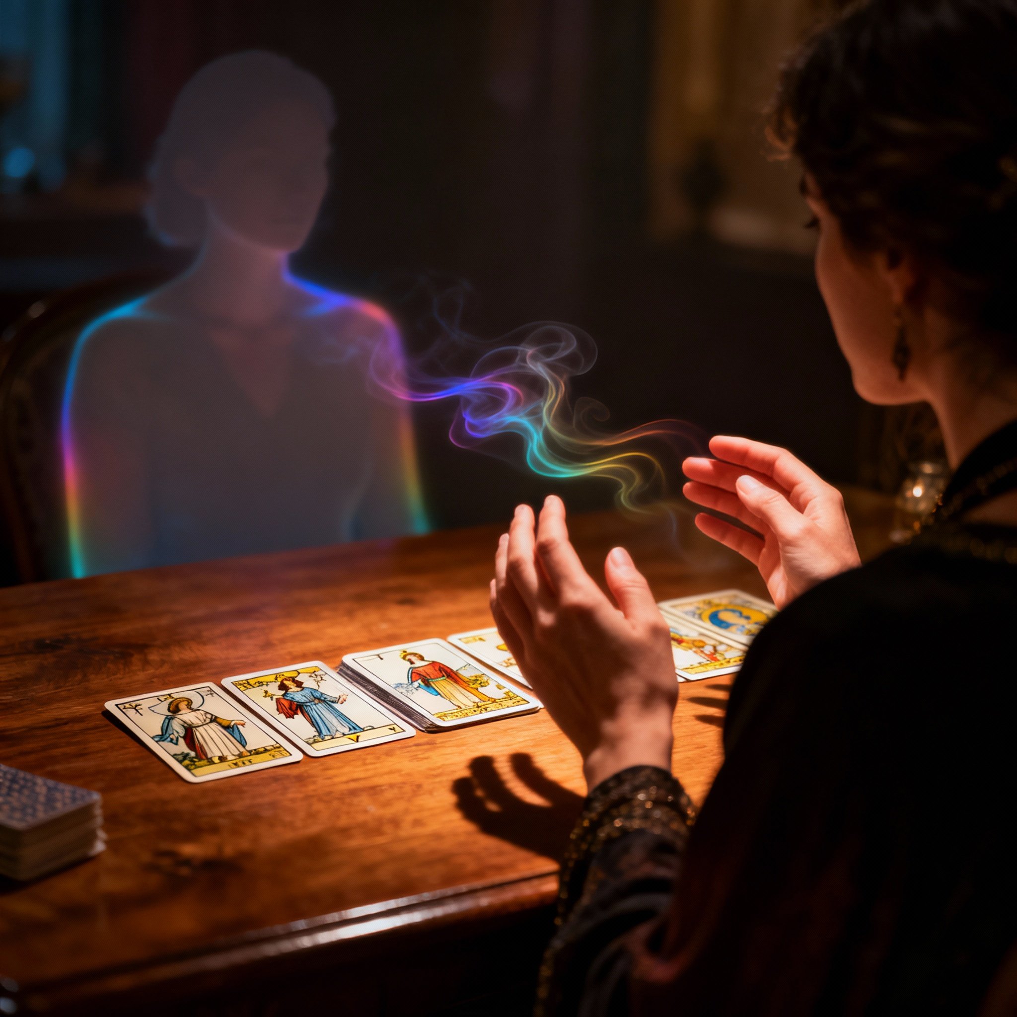 An over-the-shoulder view of the psychic, her hands resting gently on tarot cards on a table. Opposite her is the blurred silhouette of a client, conveying focused interpretation and an energetic connection.