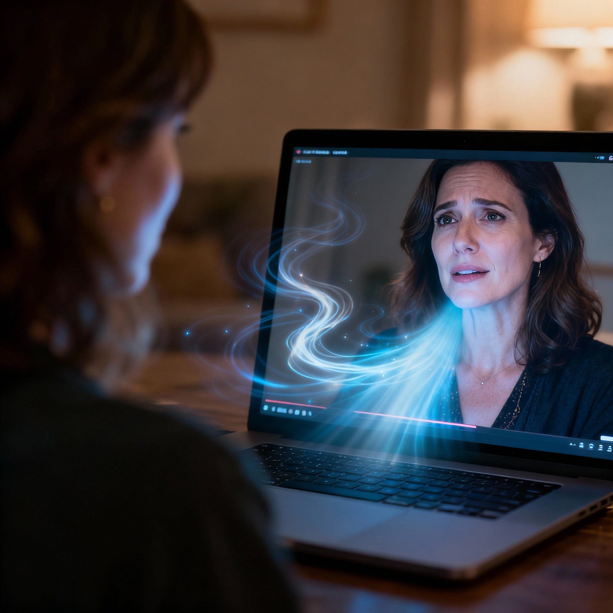 A female client is having an online consultation via her laptop. Her face shows a moment of sudden realization, as a soft glow from the screen symbolizes the clarity and insight she is receiving.