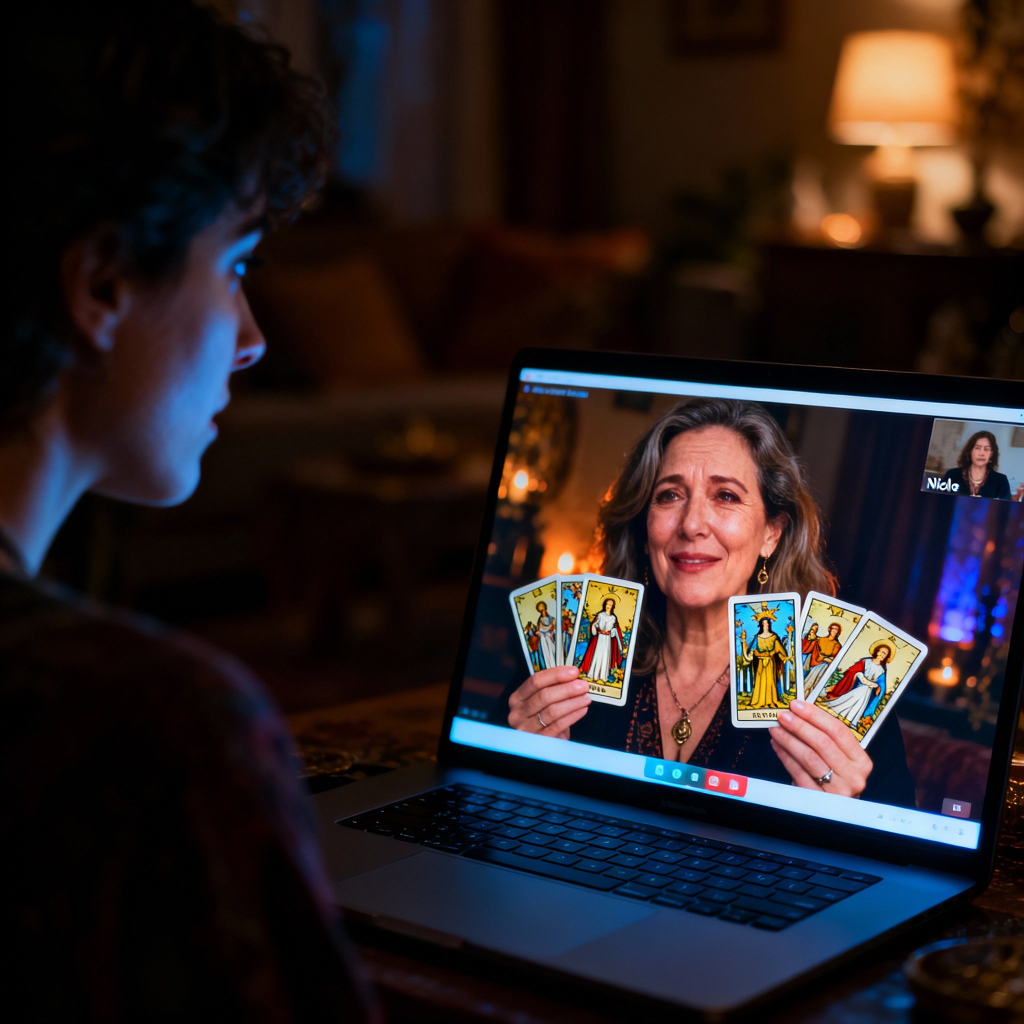 A client on a video call where the psychic, Nicole, is showing and interpreting Tarot cards. The client has an expression of revelation, illustrating the deep connection and insight of an online consultation.