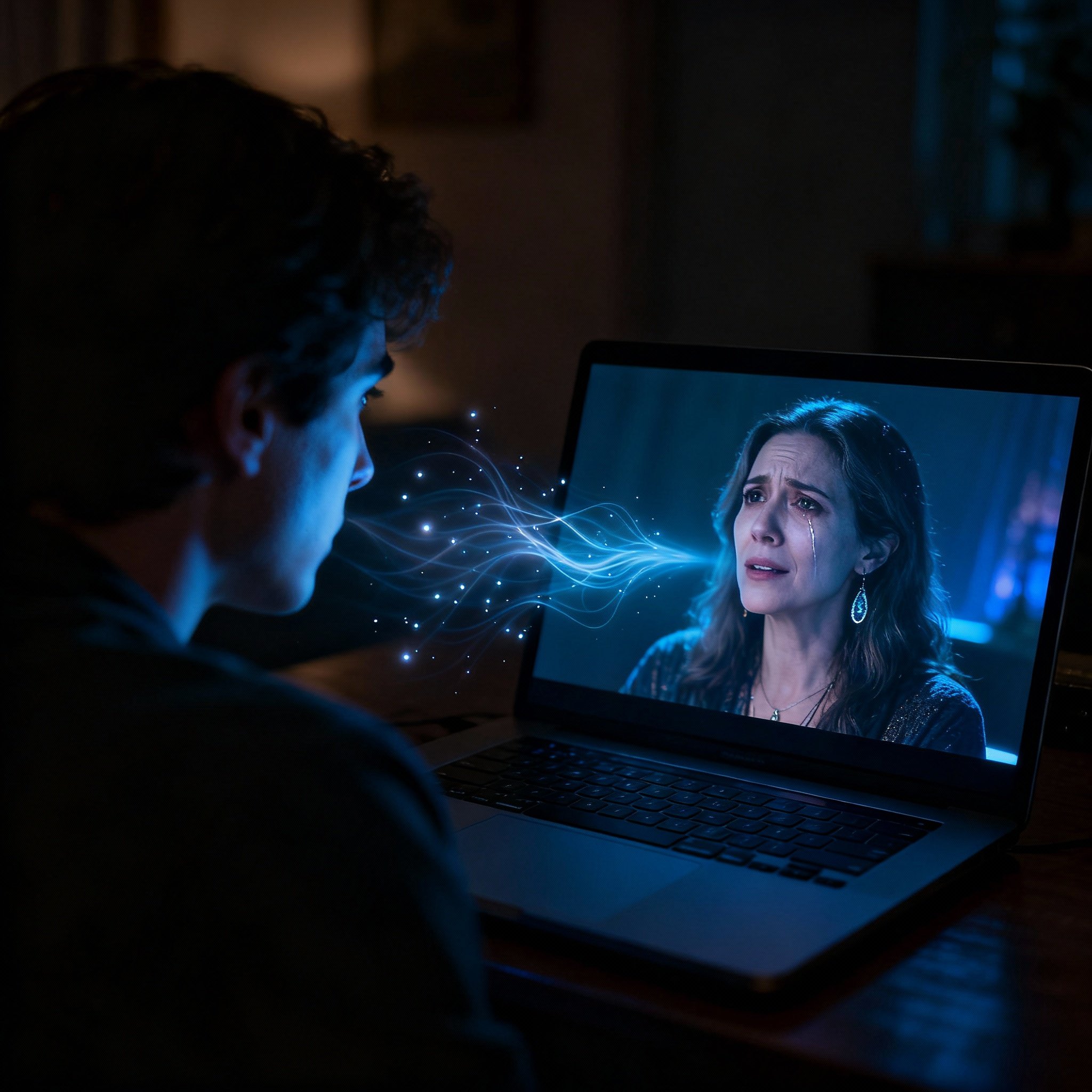 A client having an online video call with a psychic, with a look of realization and relief on the client's face, while the psychic on the screen appears warm and focused.