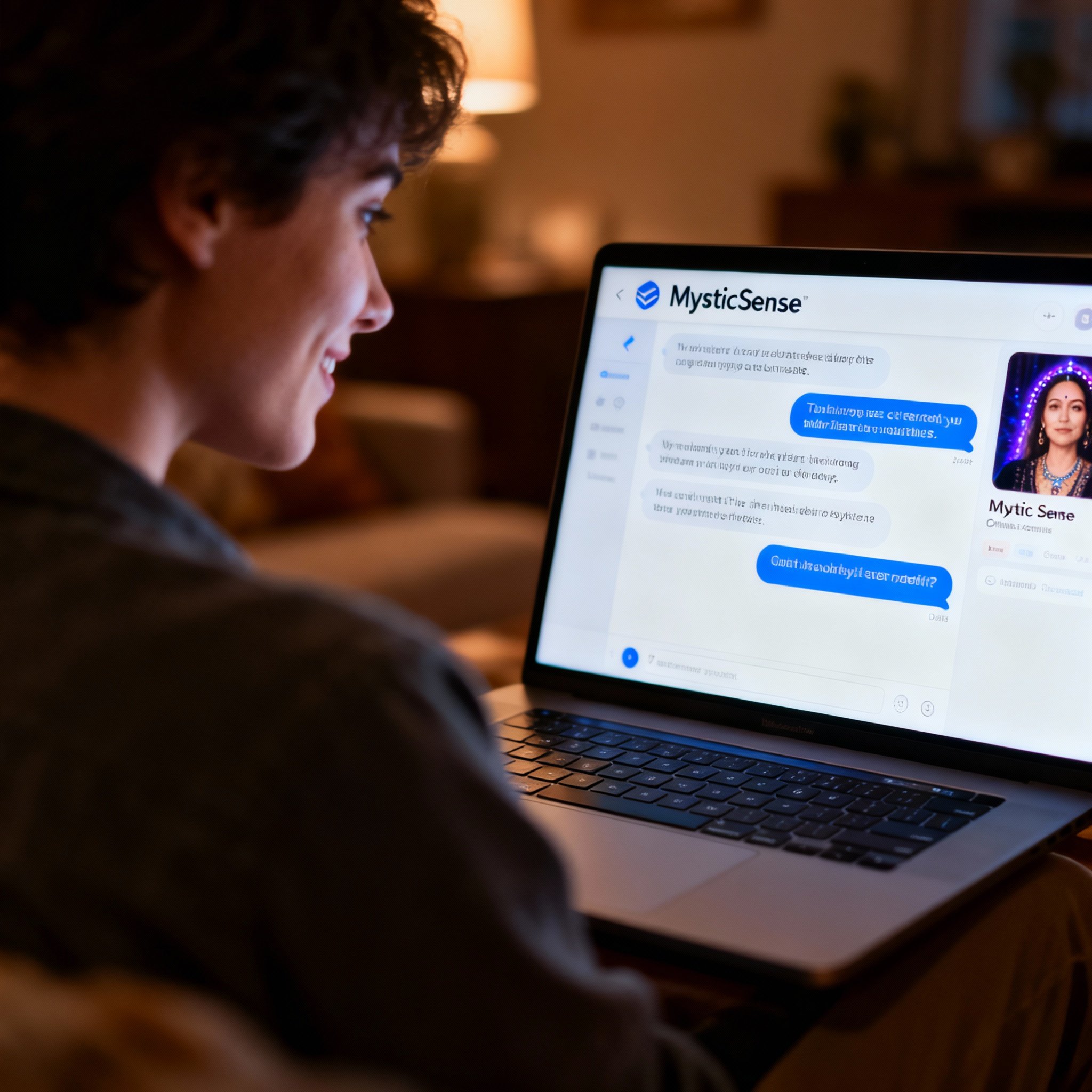 A user engaged in an online chat consultation with a psychic on a laptop. The screen displays an insightful conversation, while the user has an 'aha' expression of realization, reflecting the clarity gained from the session.