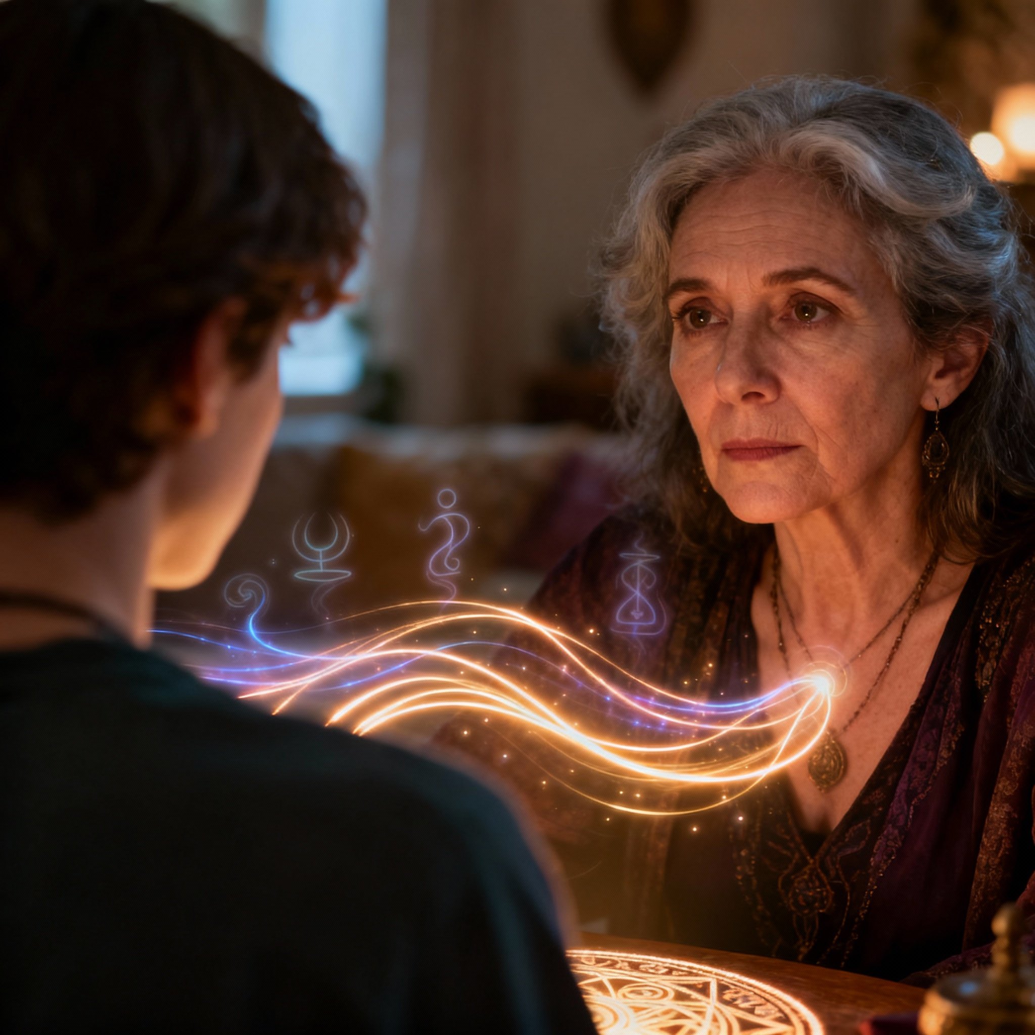 A scene of a psychic in a consultation with a client, with glowing lines of energy connecting them, symbolizing a deep empathic connection and the interpretation of complex emotions.